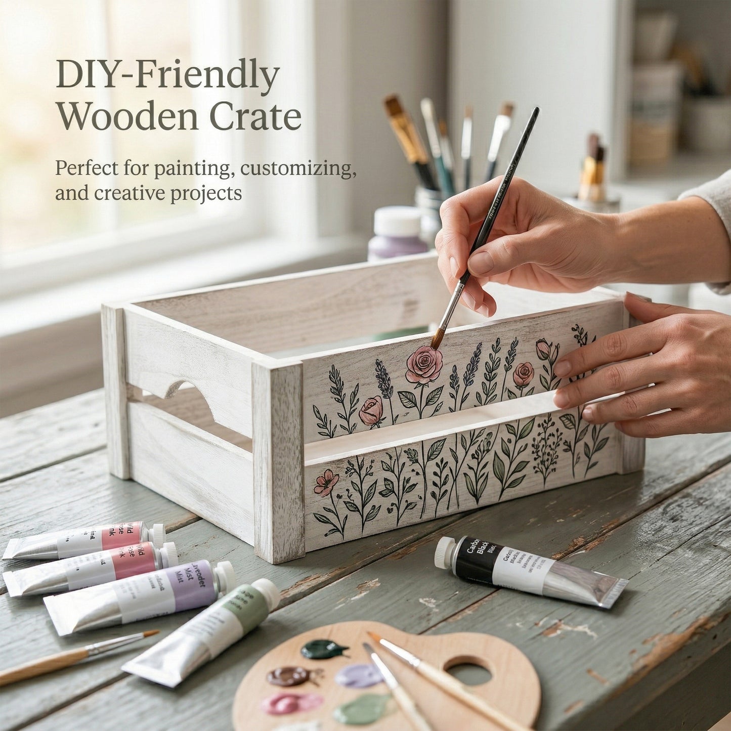 White Wash Wooden Crate with Handle - 3 Sizes