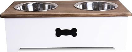Brown & White Double Bowls Wooden Dog Feeding Station - 2 Sizes