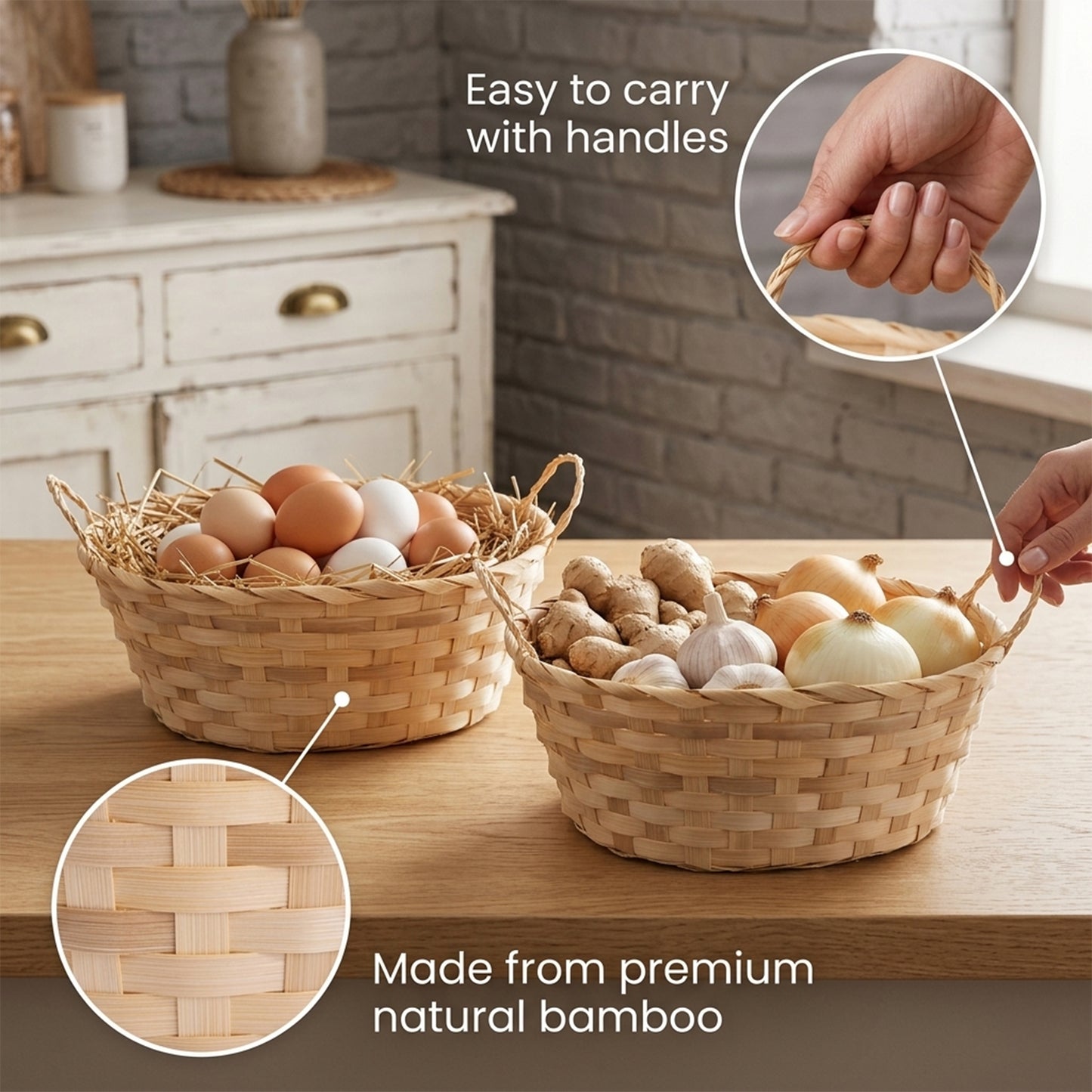 Oval Bamboo Storage Basket with Handle - Double Steamed / Light Steamed / Natural
