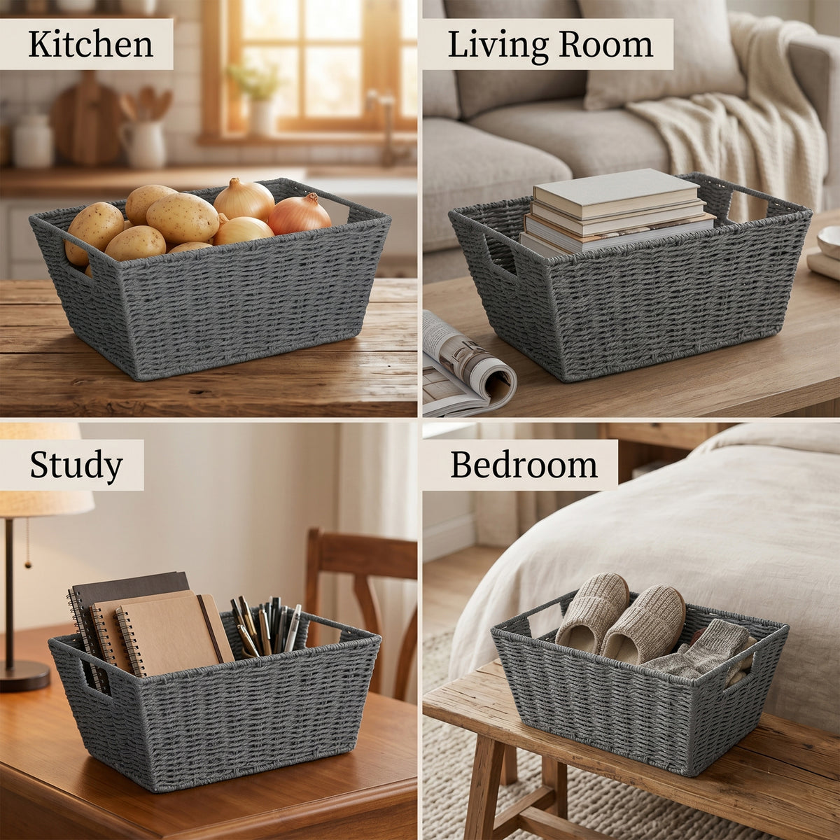 Tapered Paper Rope Storage Basket Tray -Grey / Beige