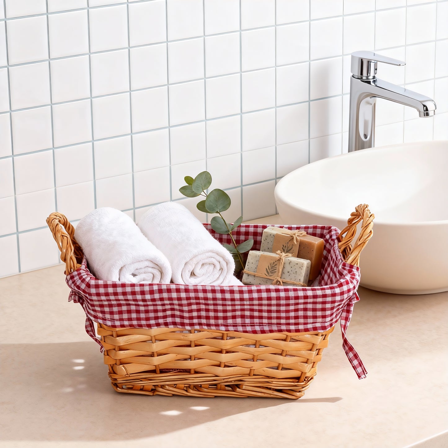 Wicker Bread Basket with Red & White Checked Lining