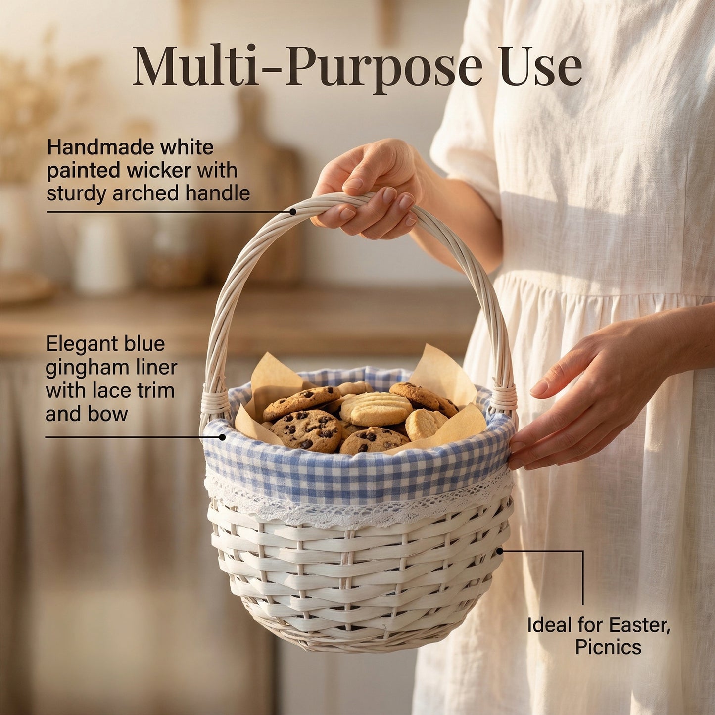 Round Wicker Easter Basket with Blue Checked Lining