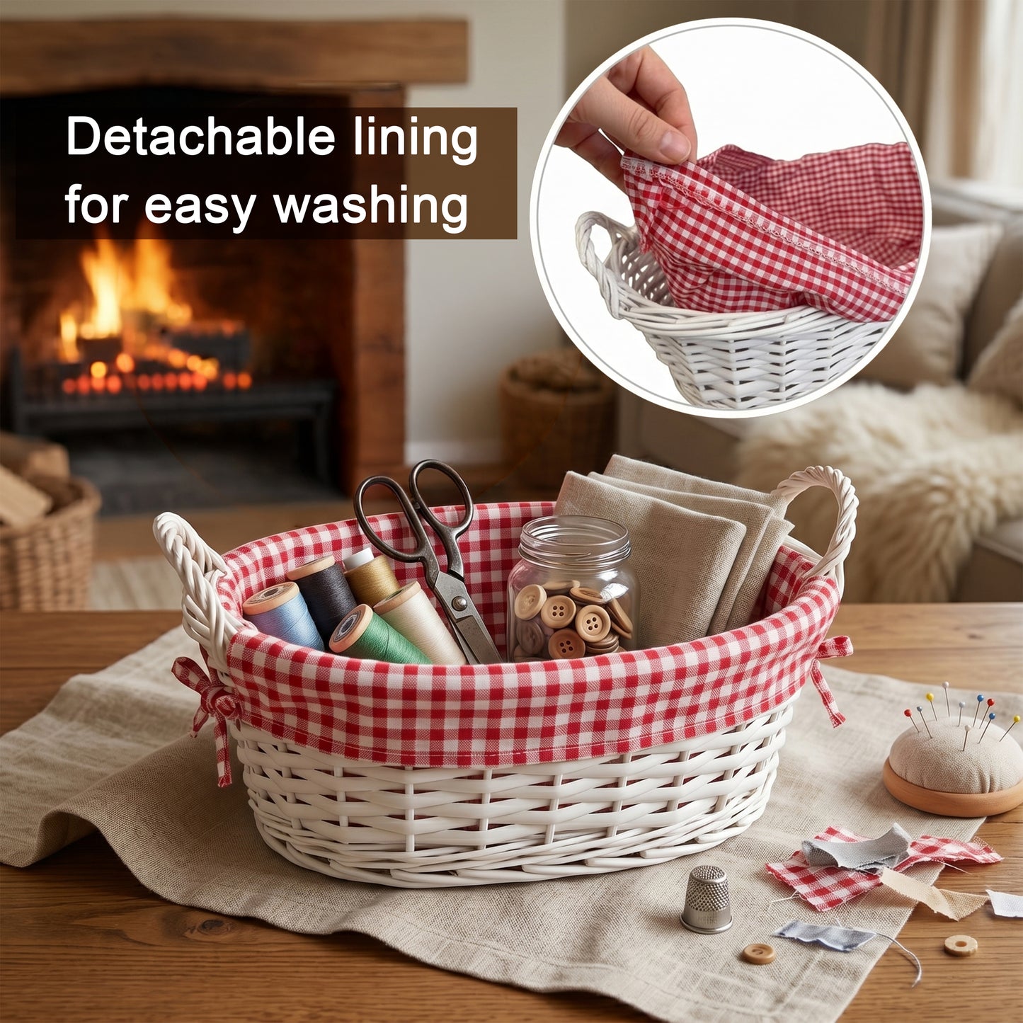 White Oval Wicker Basket with Checked Lining