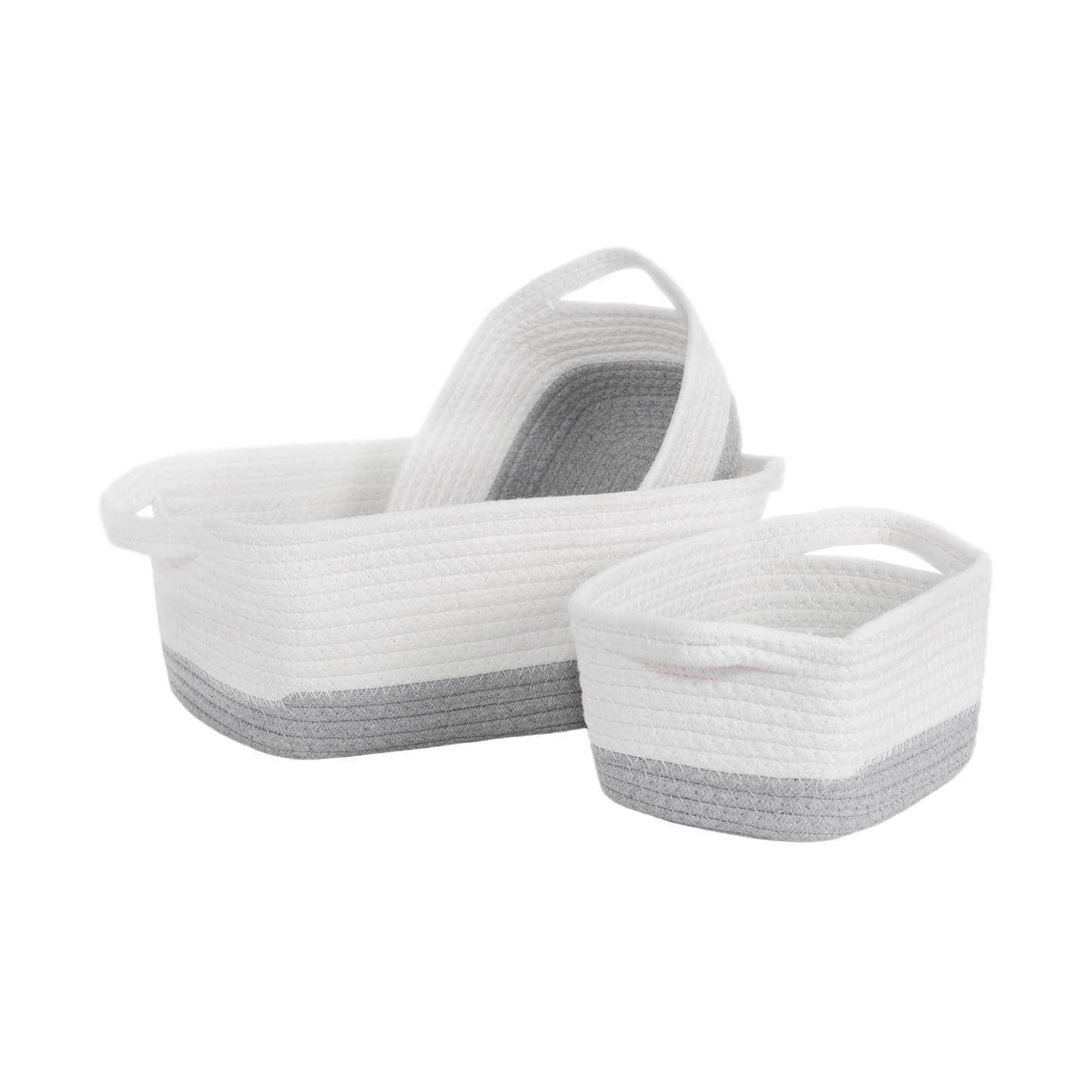 Two-Tone White Cotton Rope Storage Basket with Handle - Set of 3