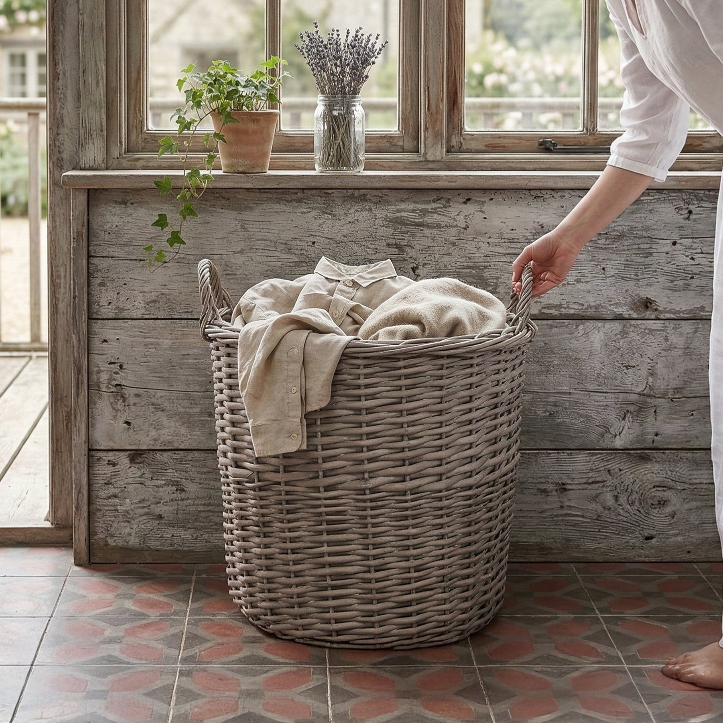 Grey Wash Round Wicker Storage Basket with Handle - 3 Sizes
