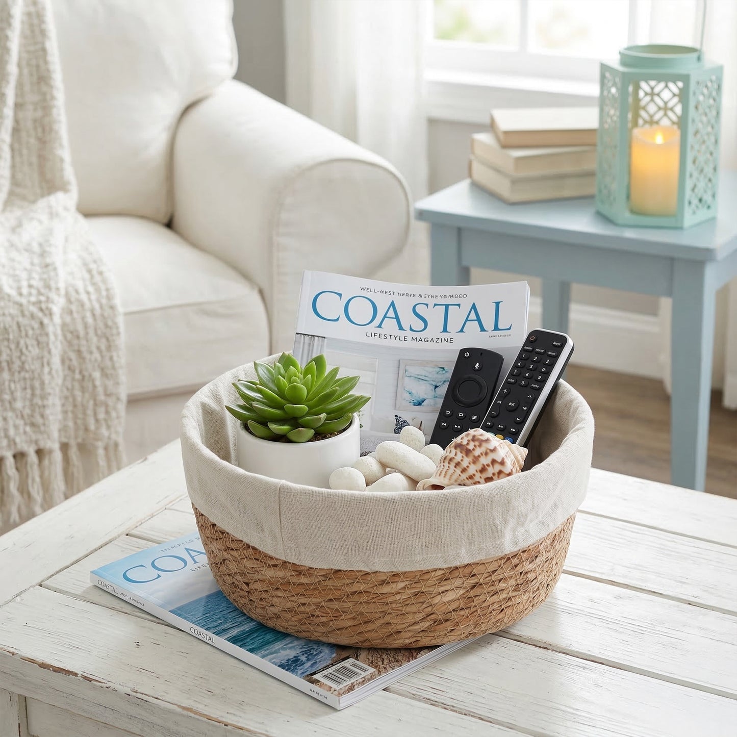 Round Seagrass Storage Basket with Lining Set 2