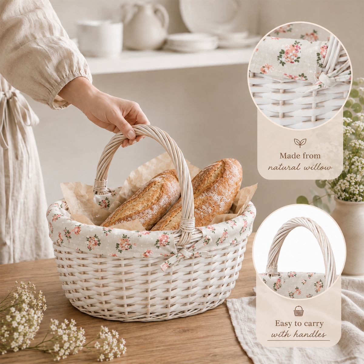 White Oval Wicker Picnic Shopper Basket - 2 Sizes