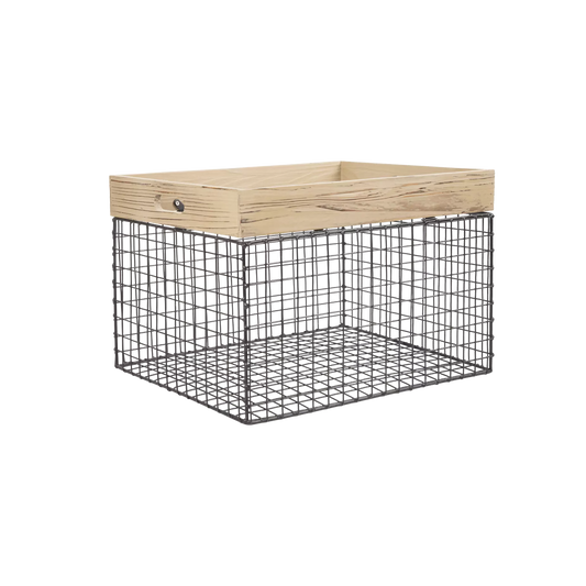 Wooden Top Metal Wire Storage Box with Handle