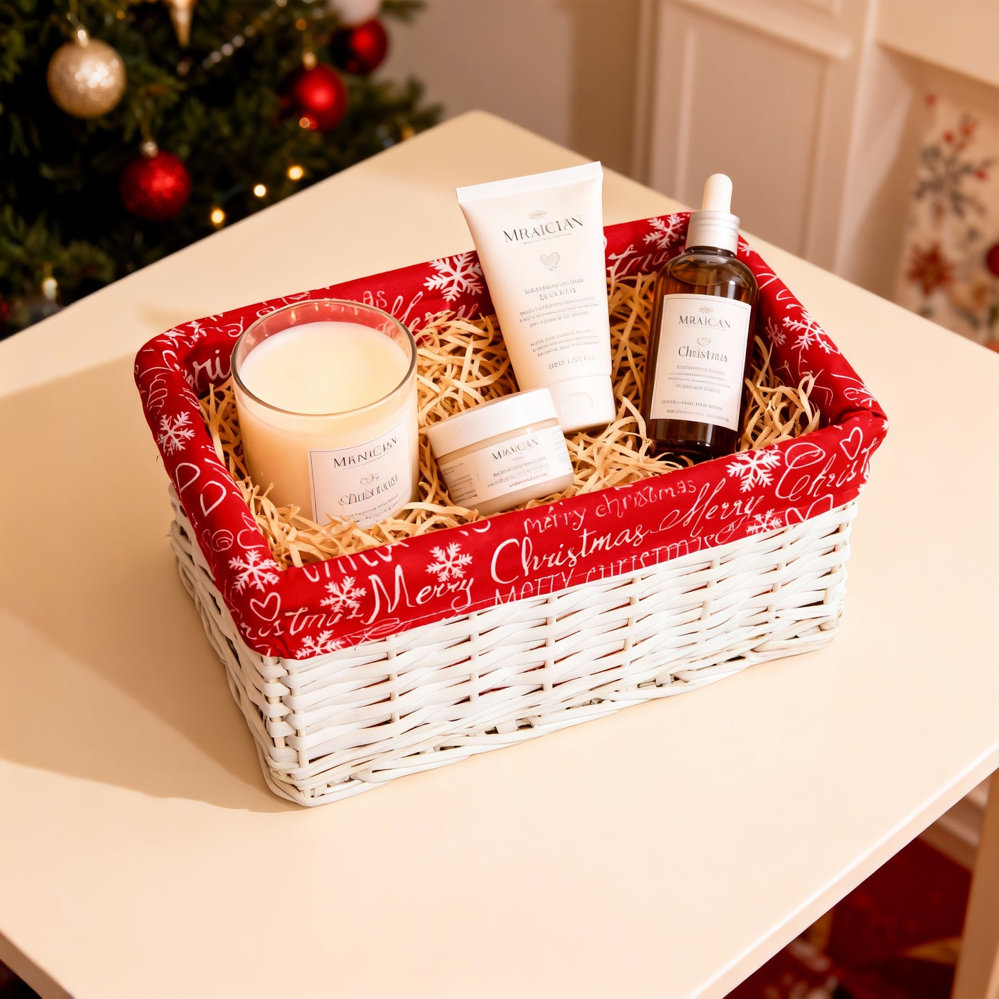 White Wicker Basket Tray with Christmas Lining - 3 Sizes