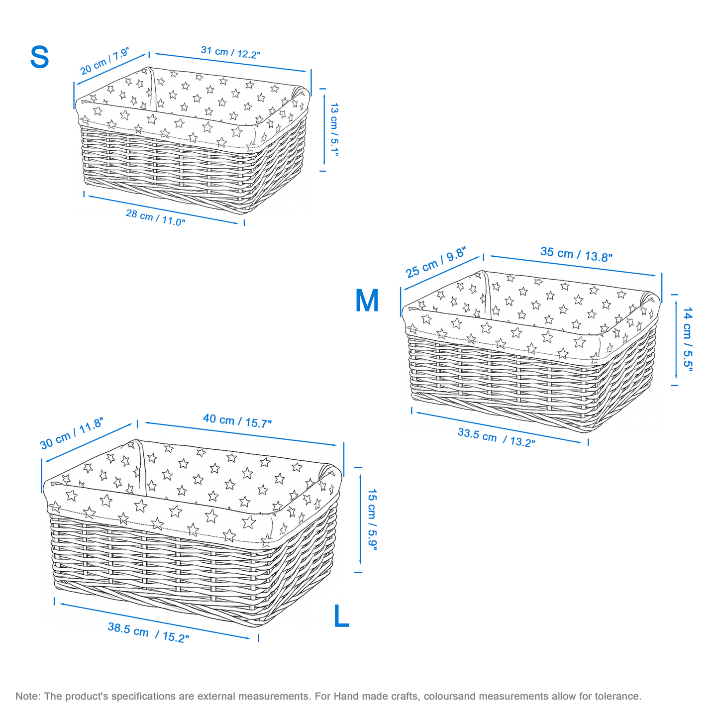 Pink Wicker Storage Basket with Star Pattern Lining - 3 Sizes