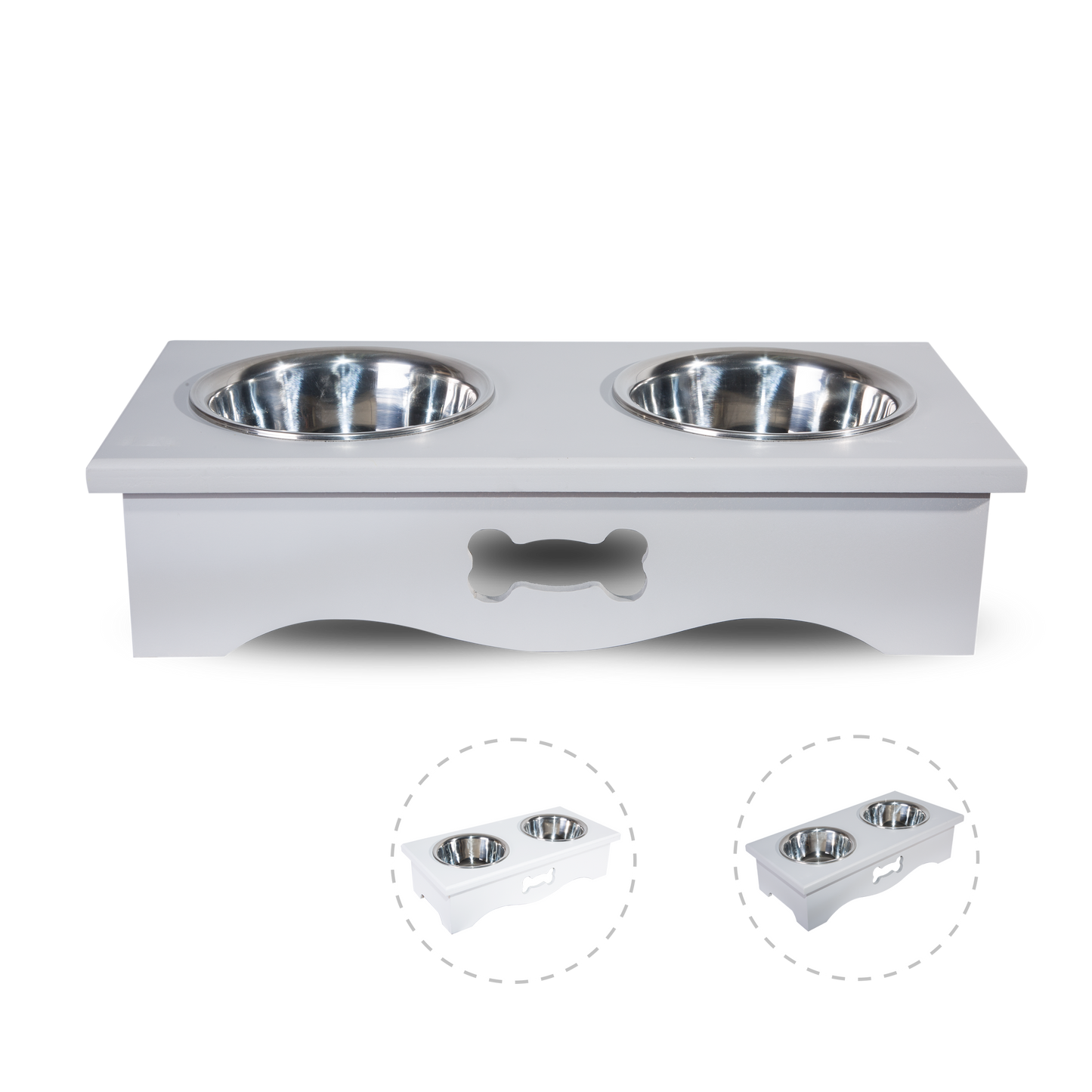 Double Bowls Wooden Dog Feeding Station - White / Grey