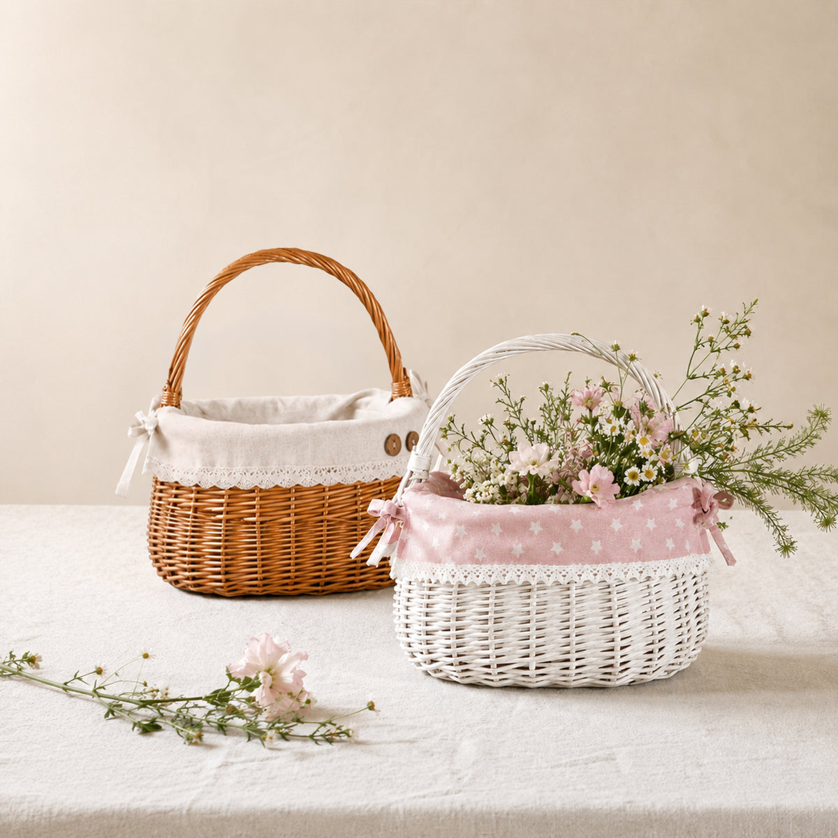 White Coracle Wicker Shopper Basket with Pink Lace Lining