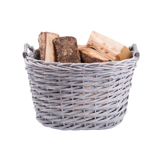 Grey Wash Oval Wicker Log Basket with Handle