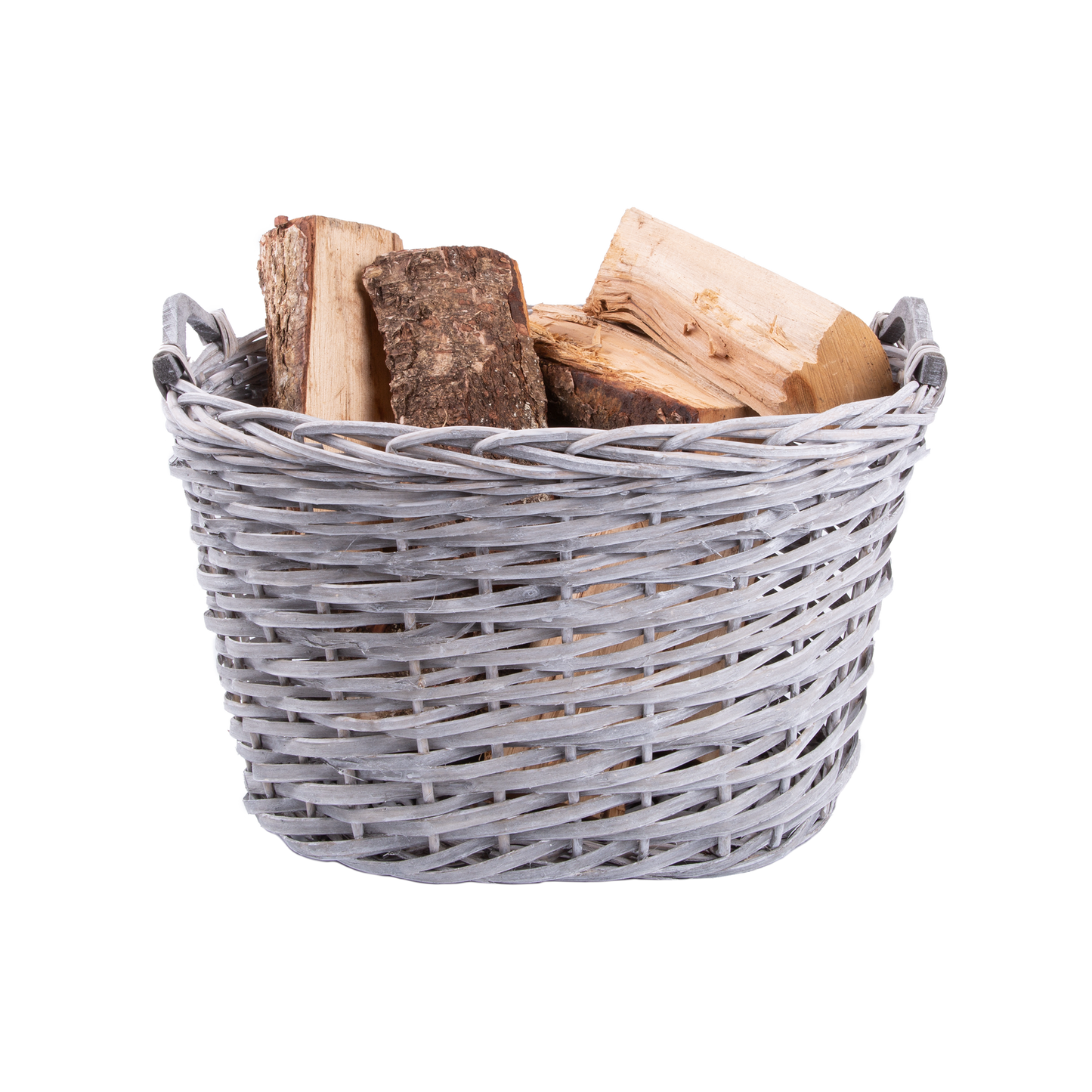 Grey Wash Oval Wicker Log Basket with Handle