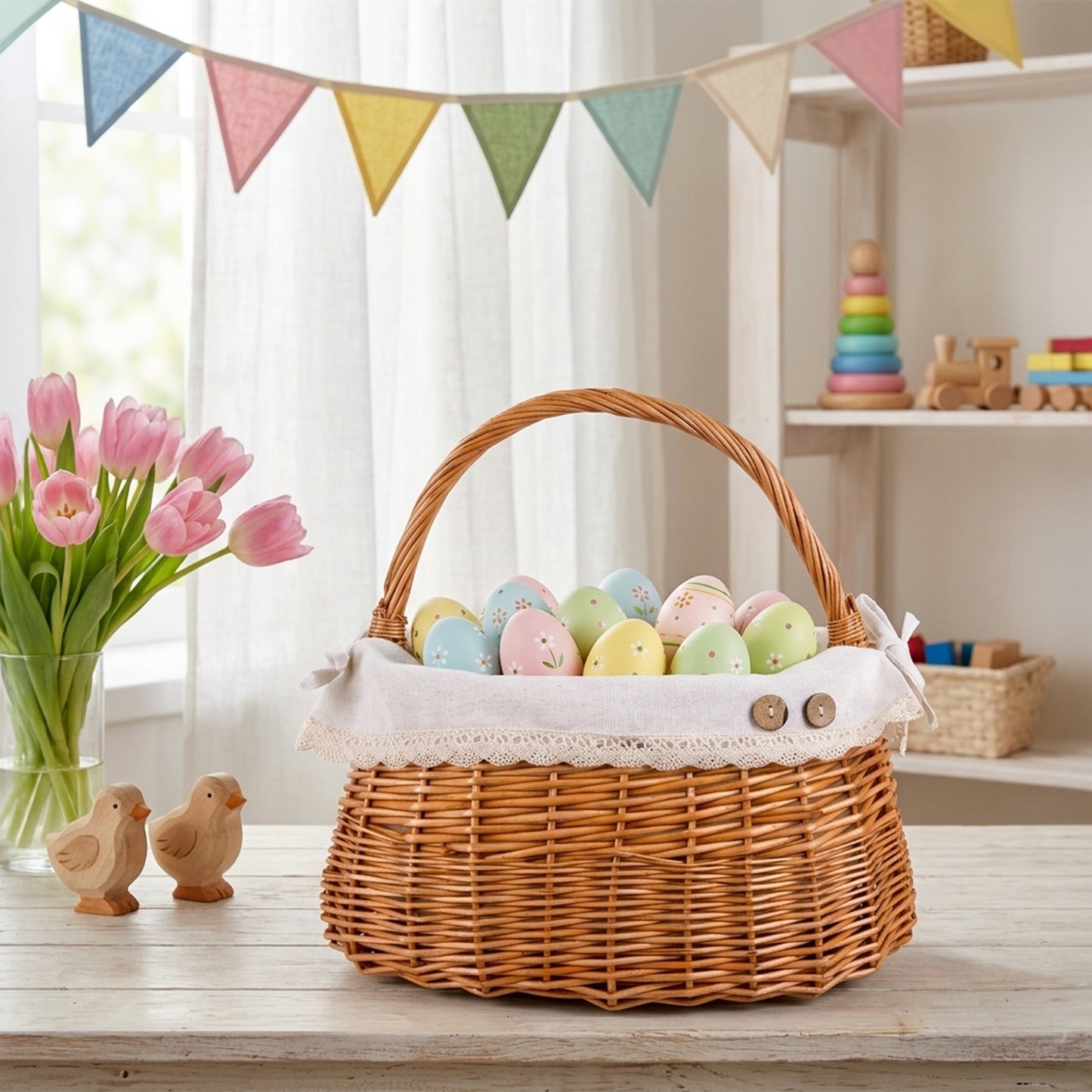 Light Steamed Coracle Wicker Shopper Basket with White Lace Lining