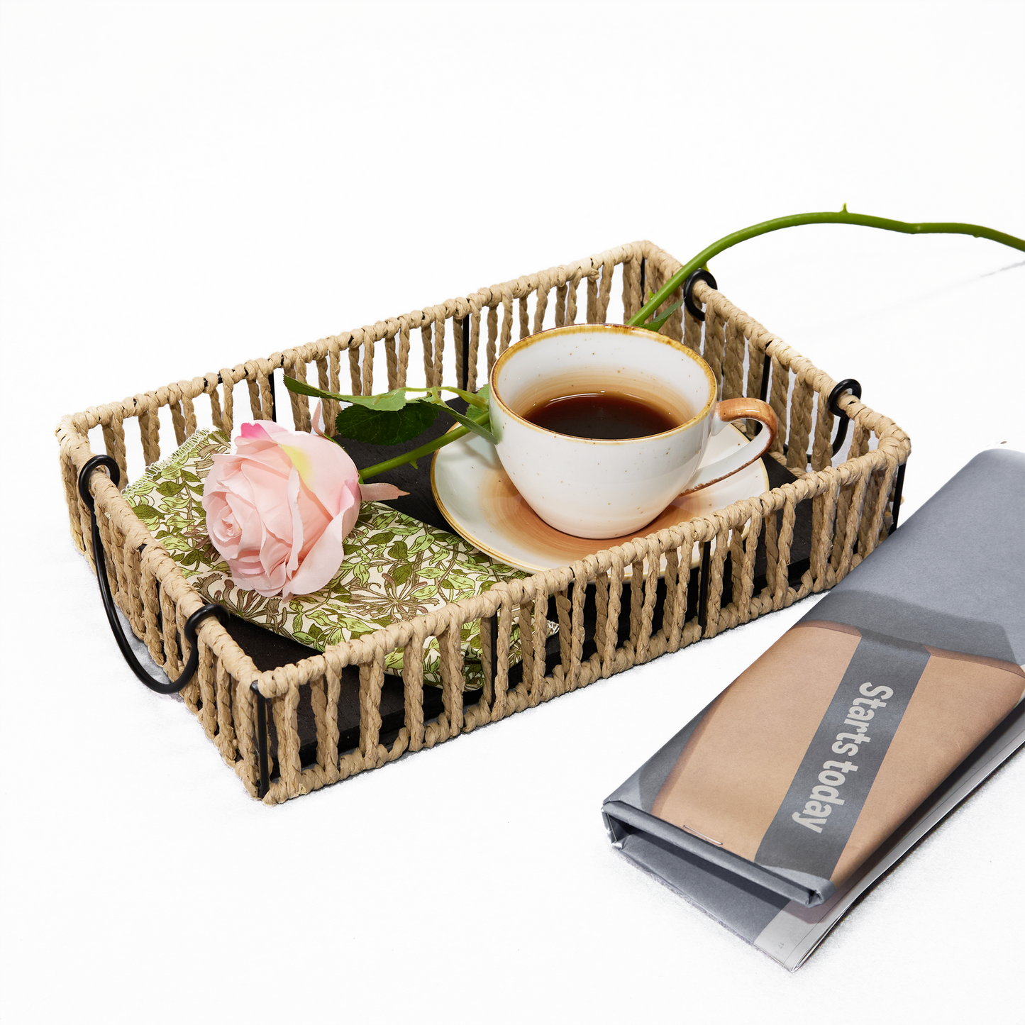 Rectangular Paper Rope Storage Basket with Handle - 3 Sizes