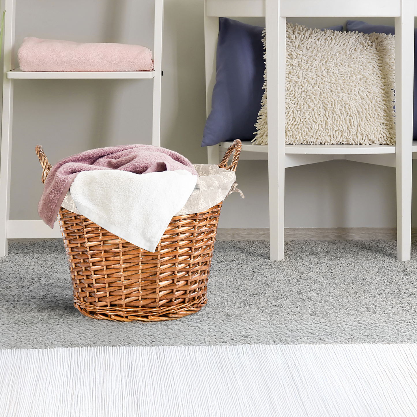 Round Wicker Storage Wash Basket with Lining