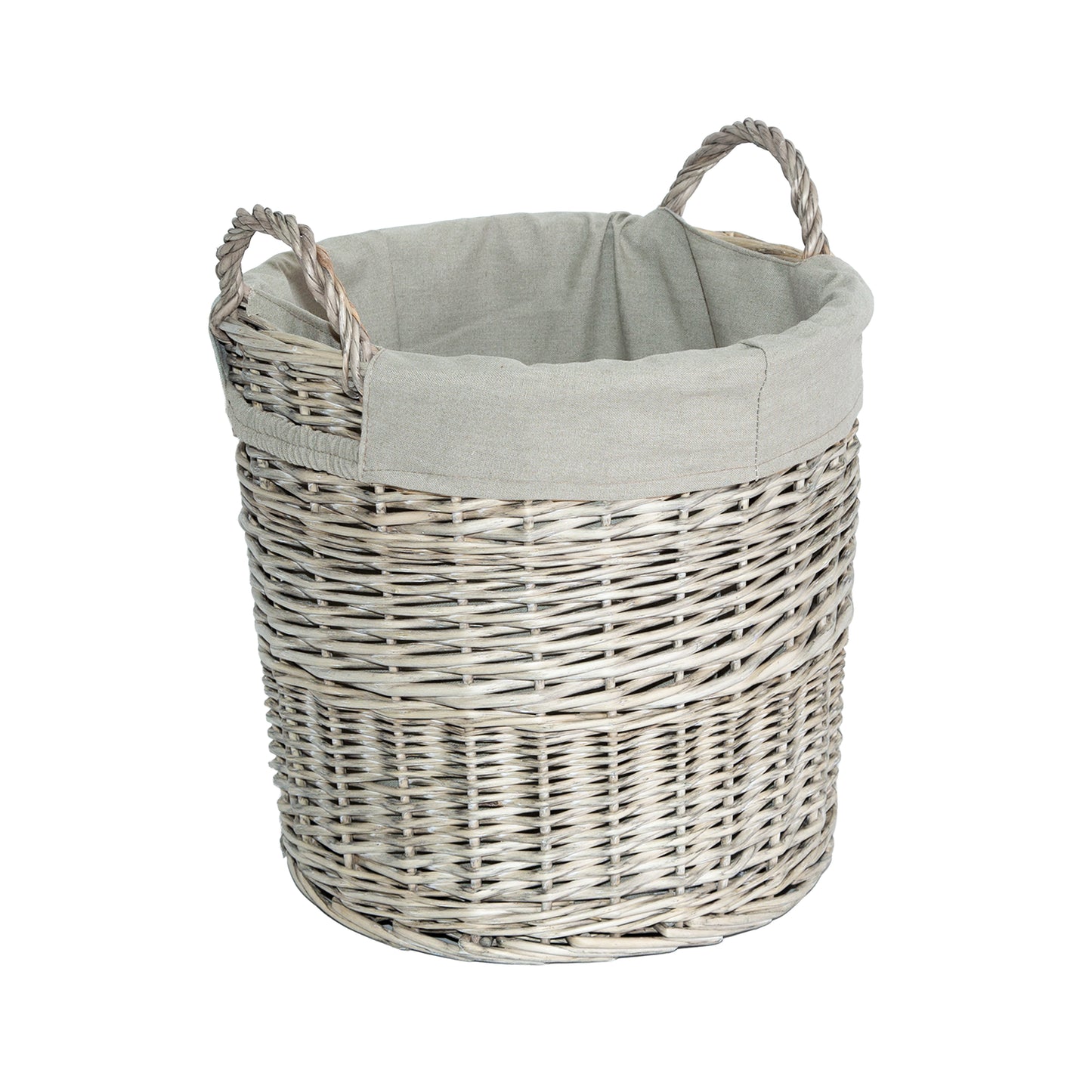 Grey Wash Round Wicker Laundry Storage Basket with Lining - 2 Sizes