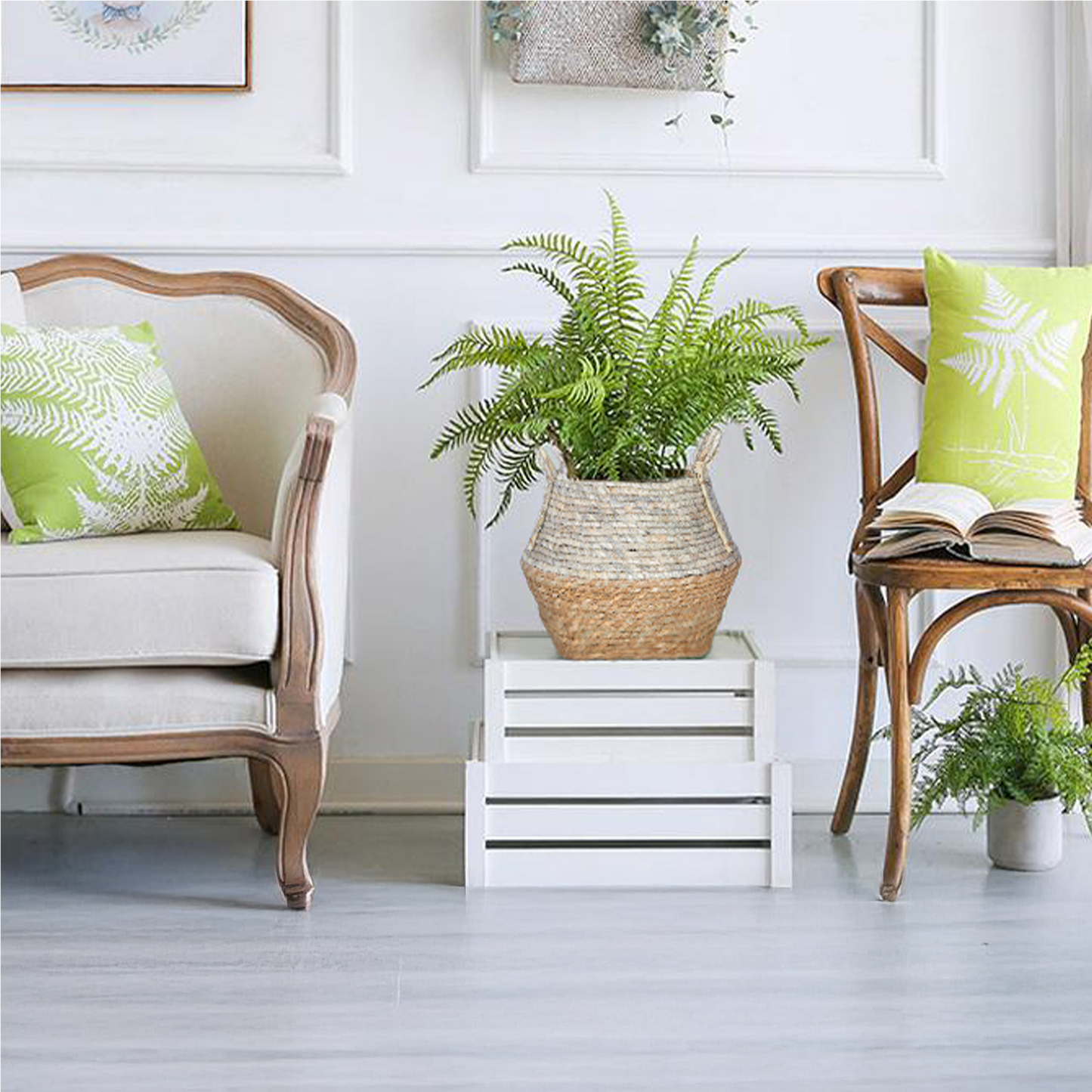 Two-Tone Cattail Planter Basket with Handle - 2 Sizes