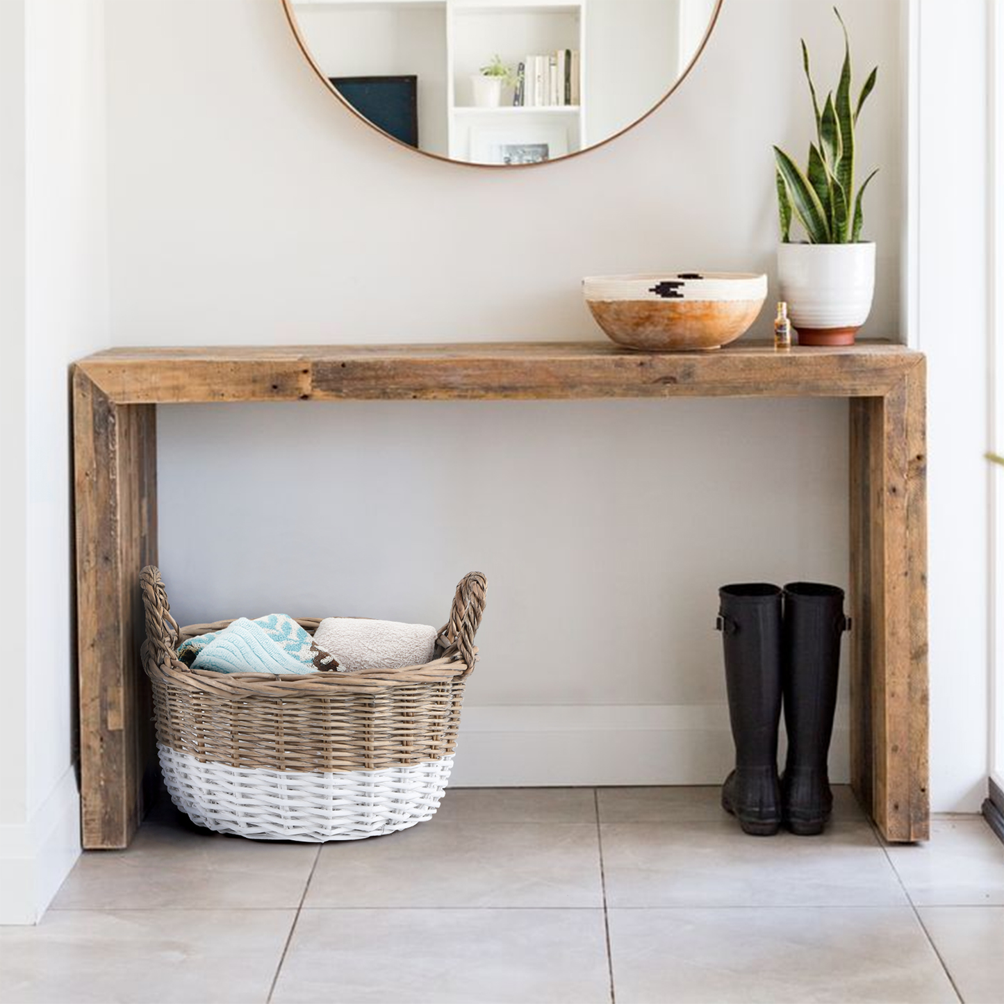 Two-Tone Round Wicker Storage Basket with Handle