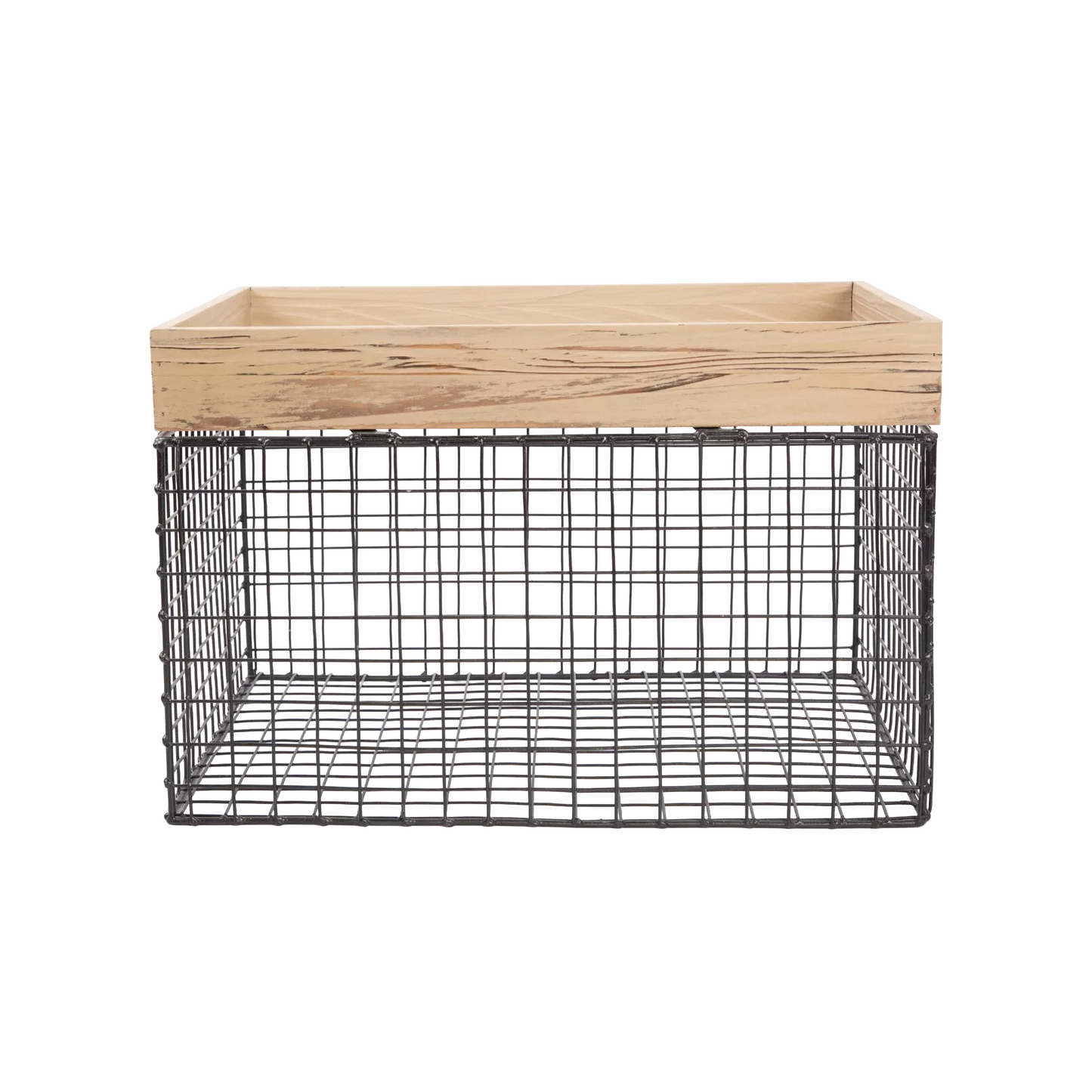 Wooden Top Metal Wire Storage Box with Handle