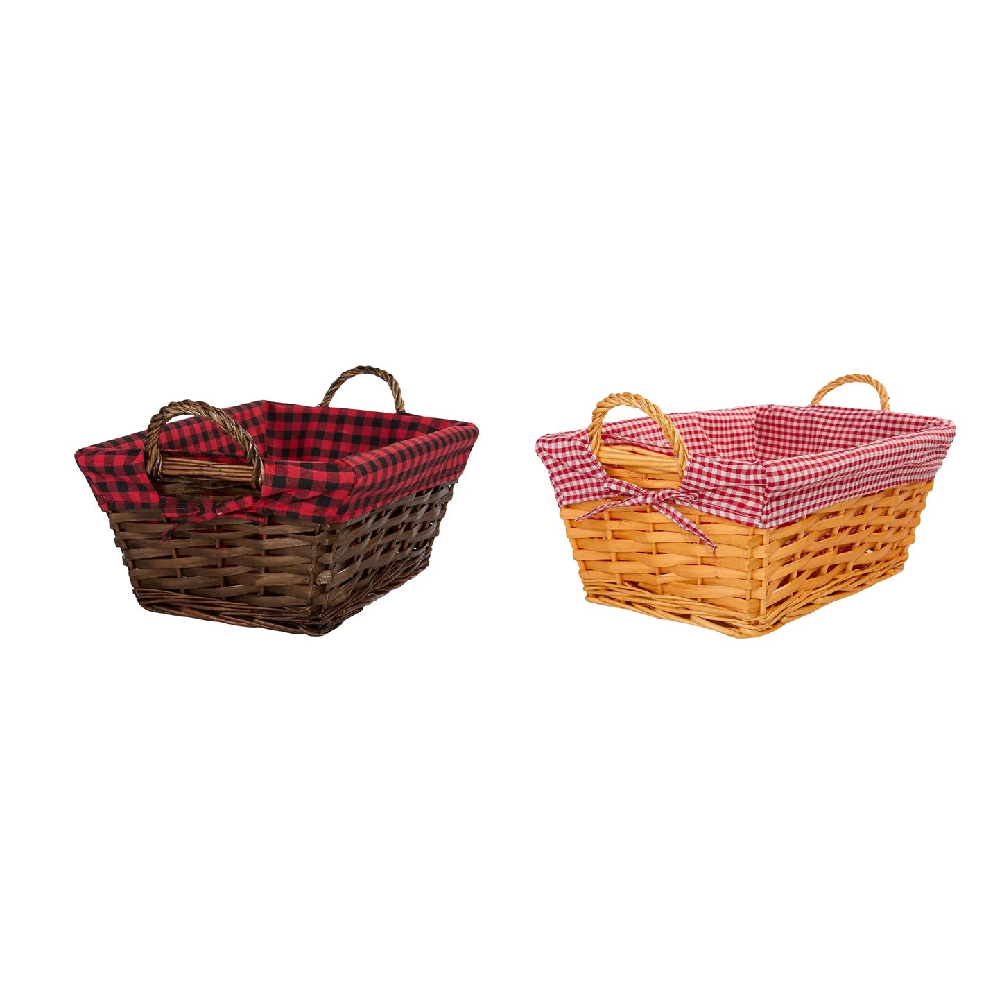 Wicker Basket with Plaid Liner and Handles- Pack of 2