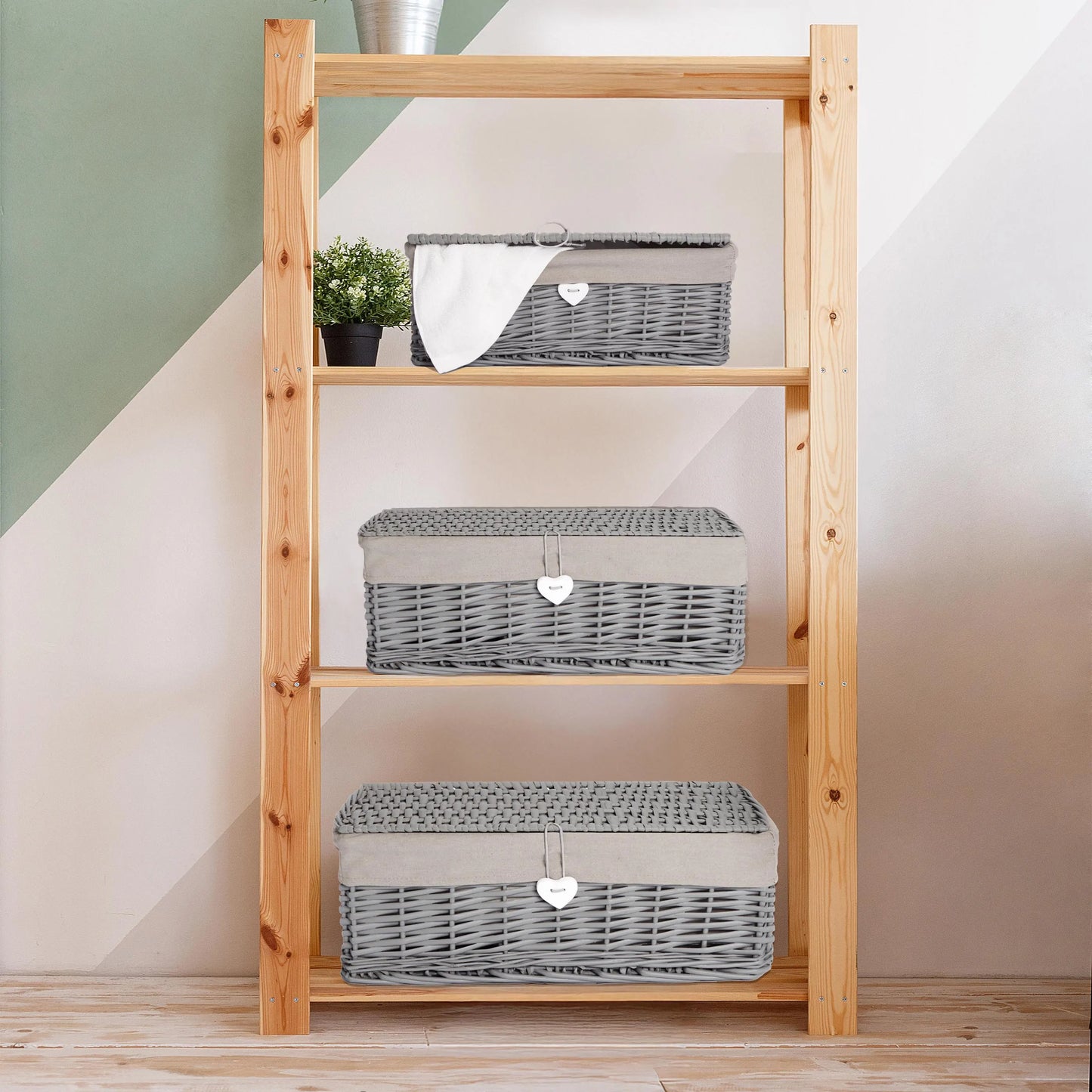 Grey Wicker Storage Hamper Basket with Lining – Short Version -Set (L+M+S)
