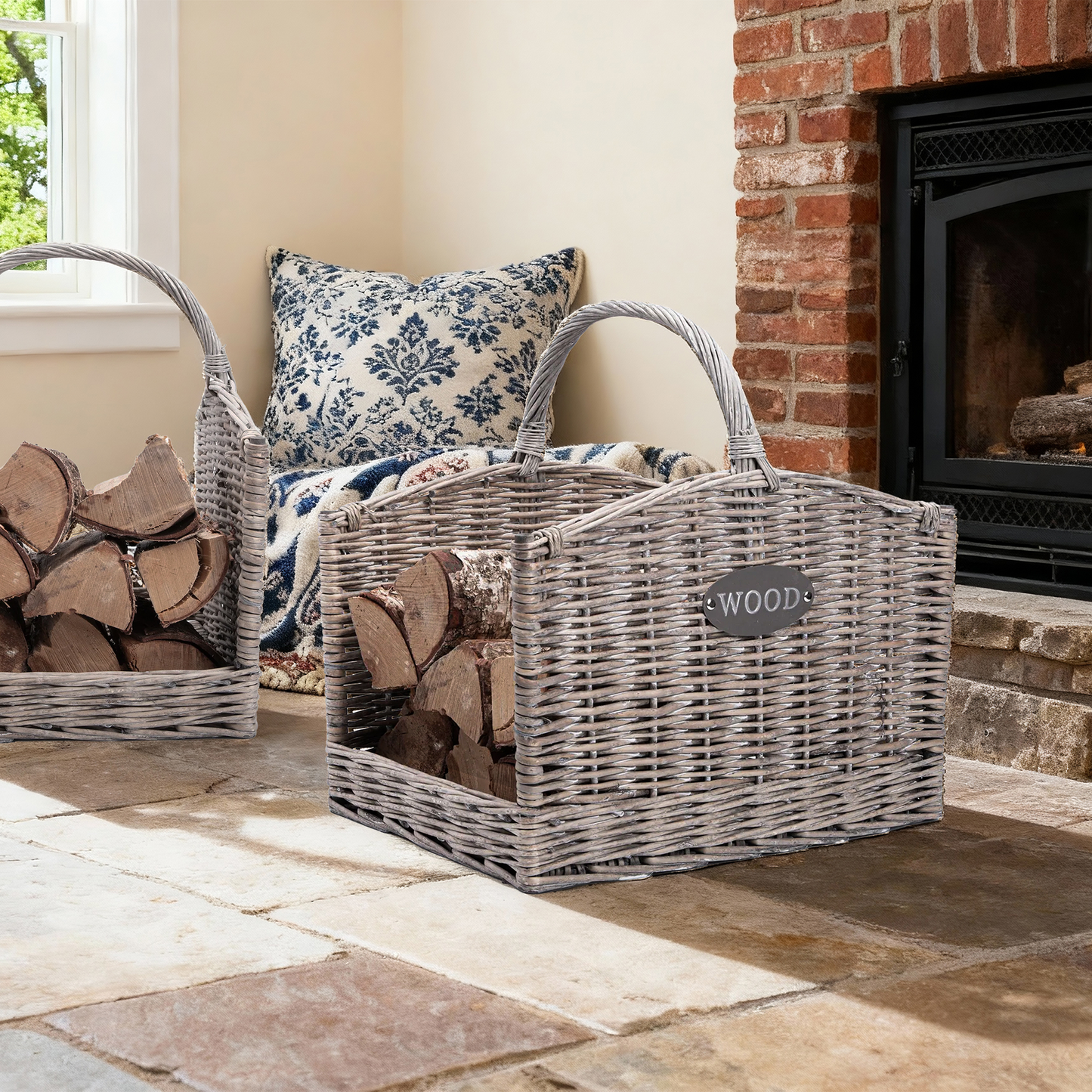Antique Wash Open Ended Wicker Log Basket