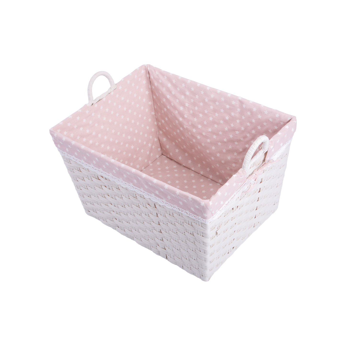White Wicker-Style Storage Basket with Pink Lining