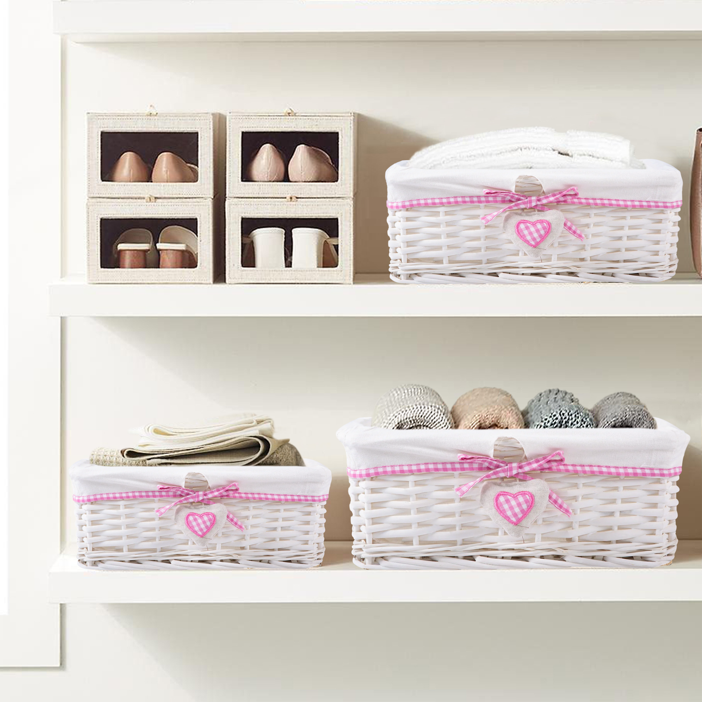 White Wicker Storage Basket with Lining - 3 Sizes