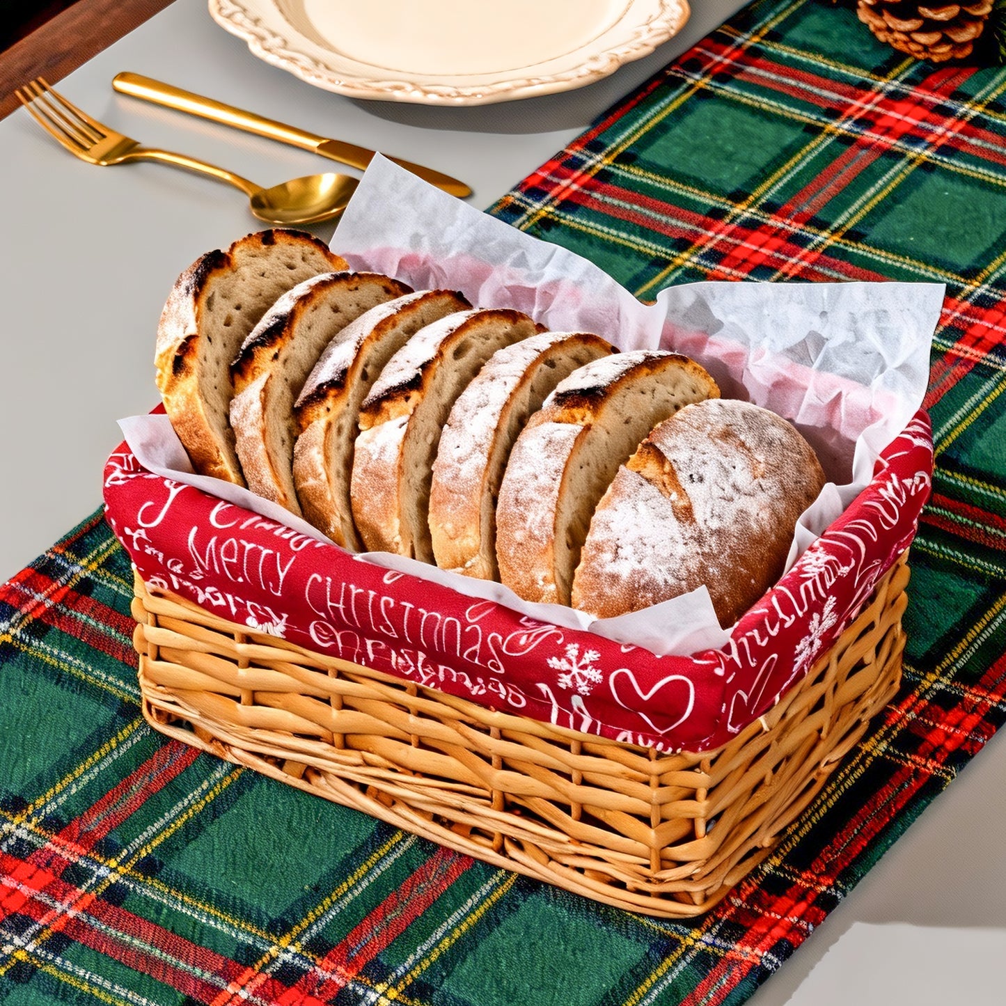 Small Light Steamed Wicker Basket Tray with Christmas Lining