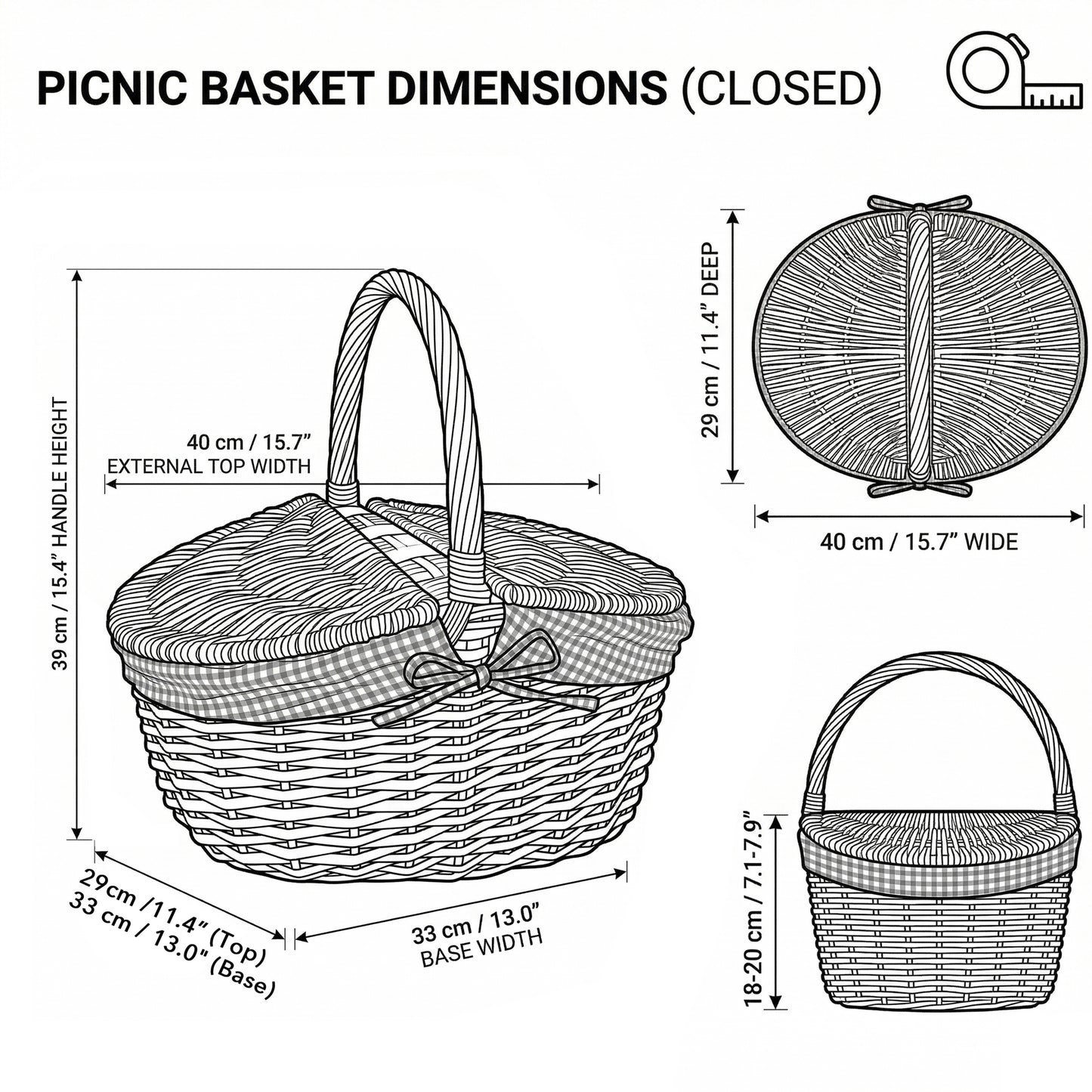 Oval Lidded Wicker Picnic Basket with Red & White Checked Lining