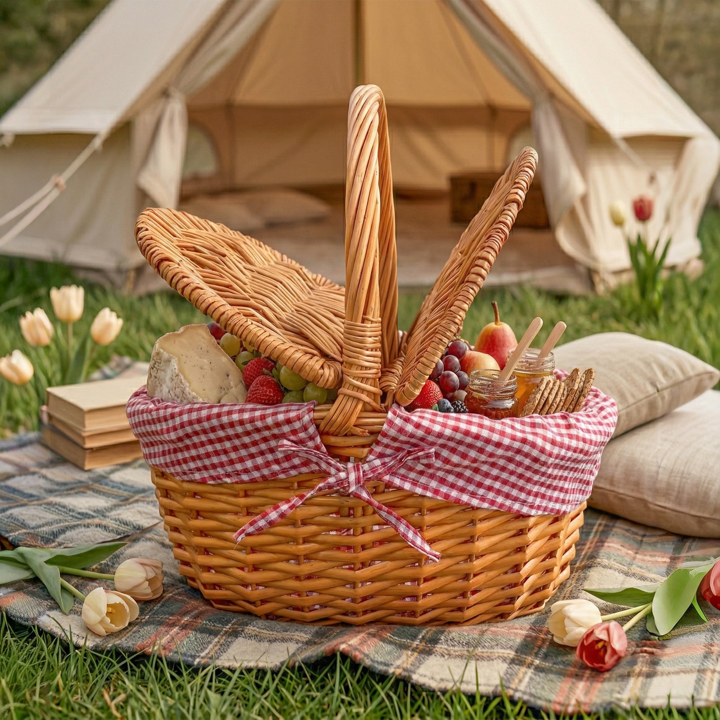 Oval Lidded Wicker Picnic Basket with Red & White Checked Lining