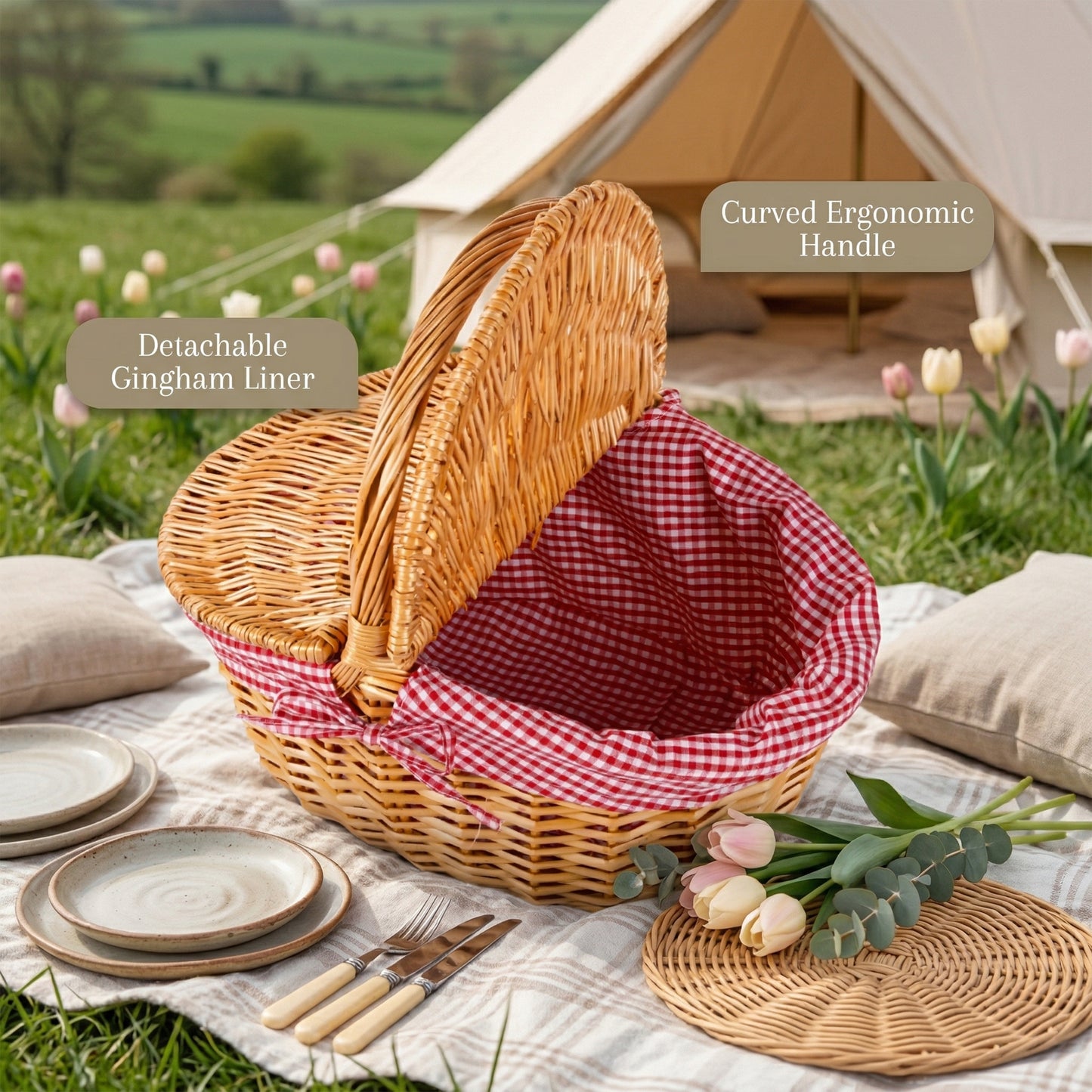 Oval Lidded Wicker Picnic Basket with Red & White Checked Lining