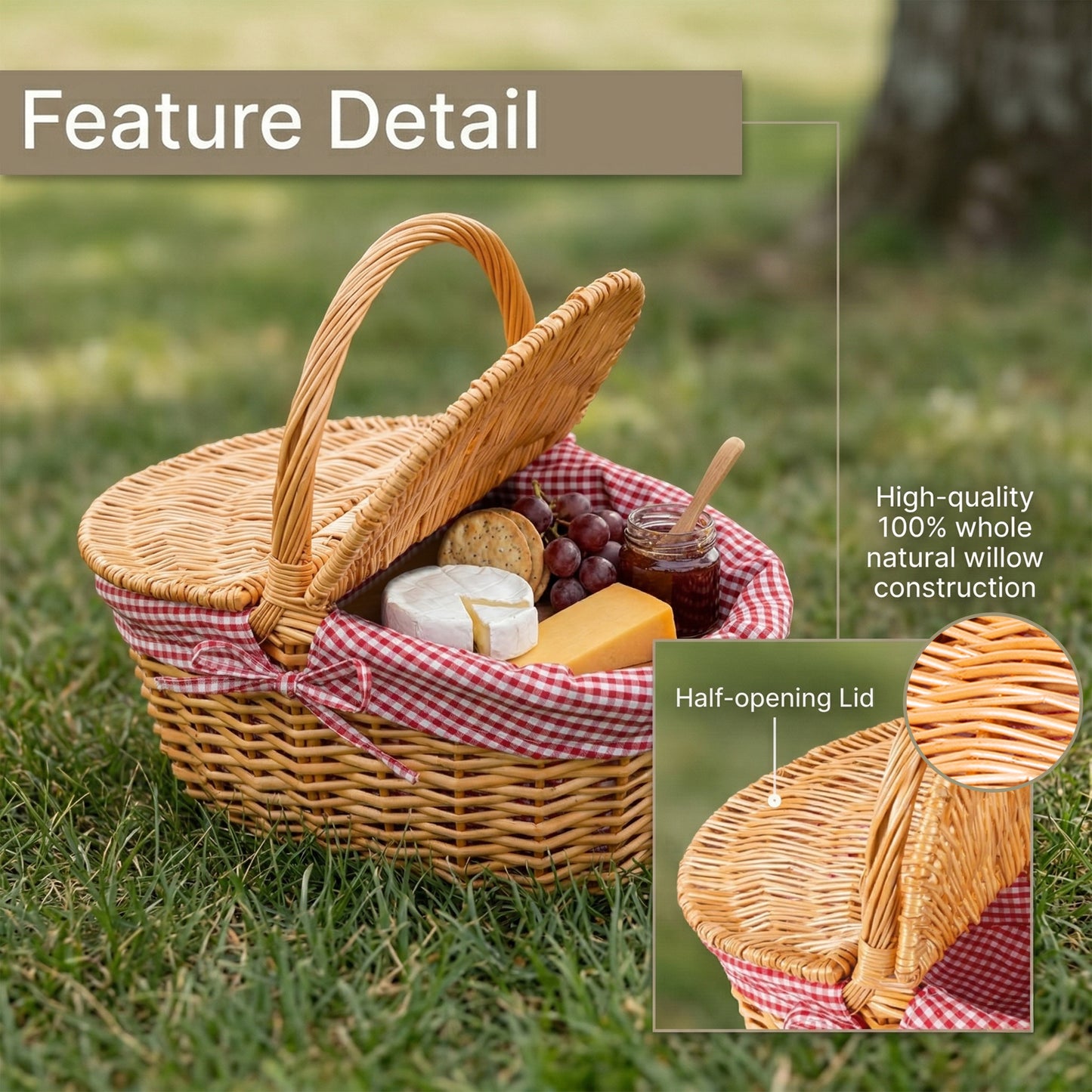 Oval Lidded Wicker Picnic Basket with Red & White Checked Lining