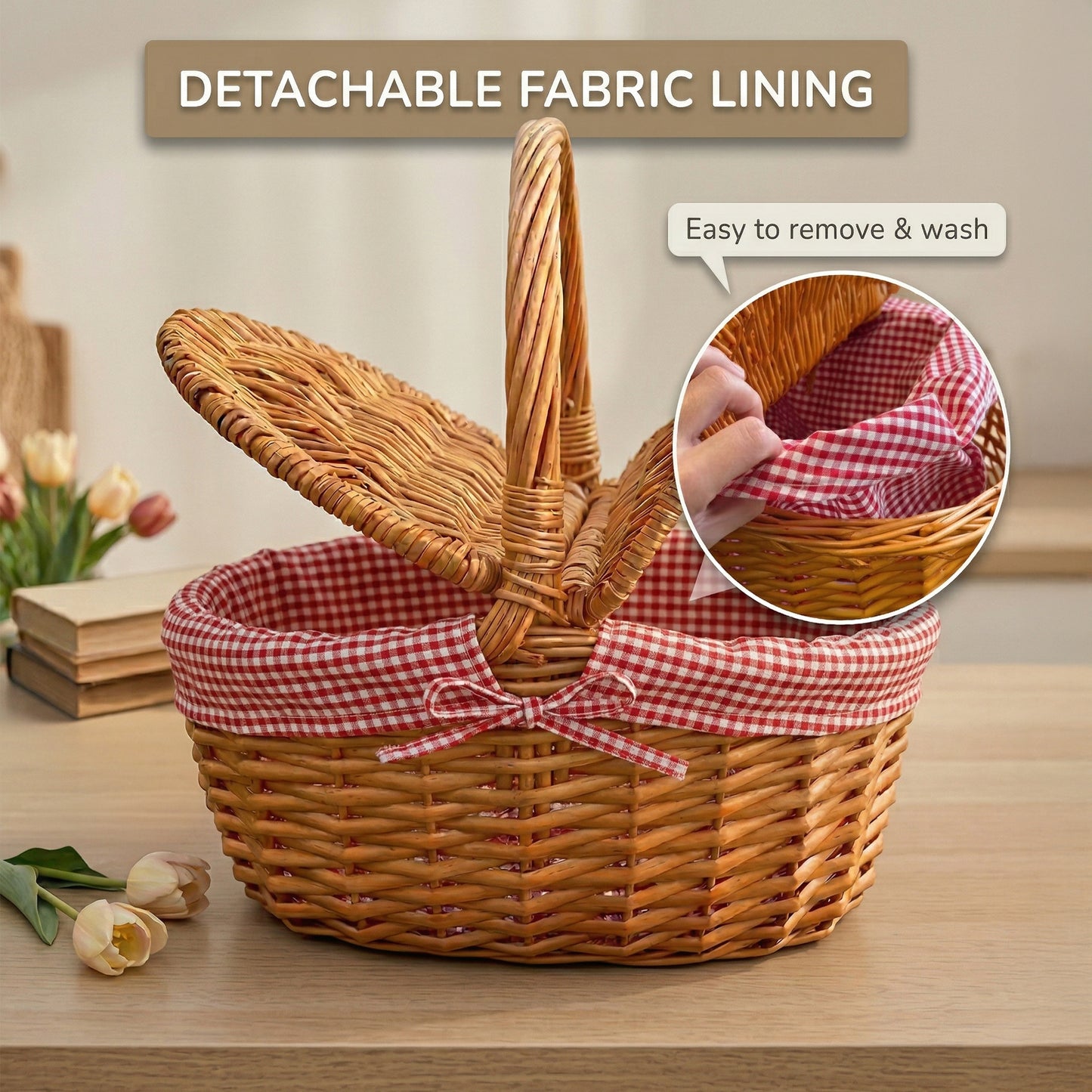 Oval Lidded Wicker Picnic Basket with Red & White Checked Lining