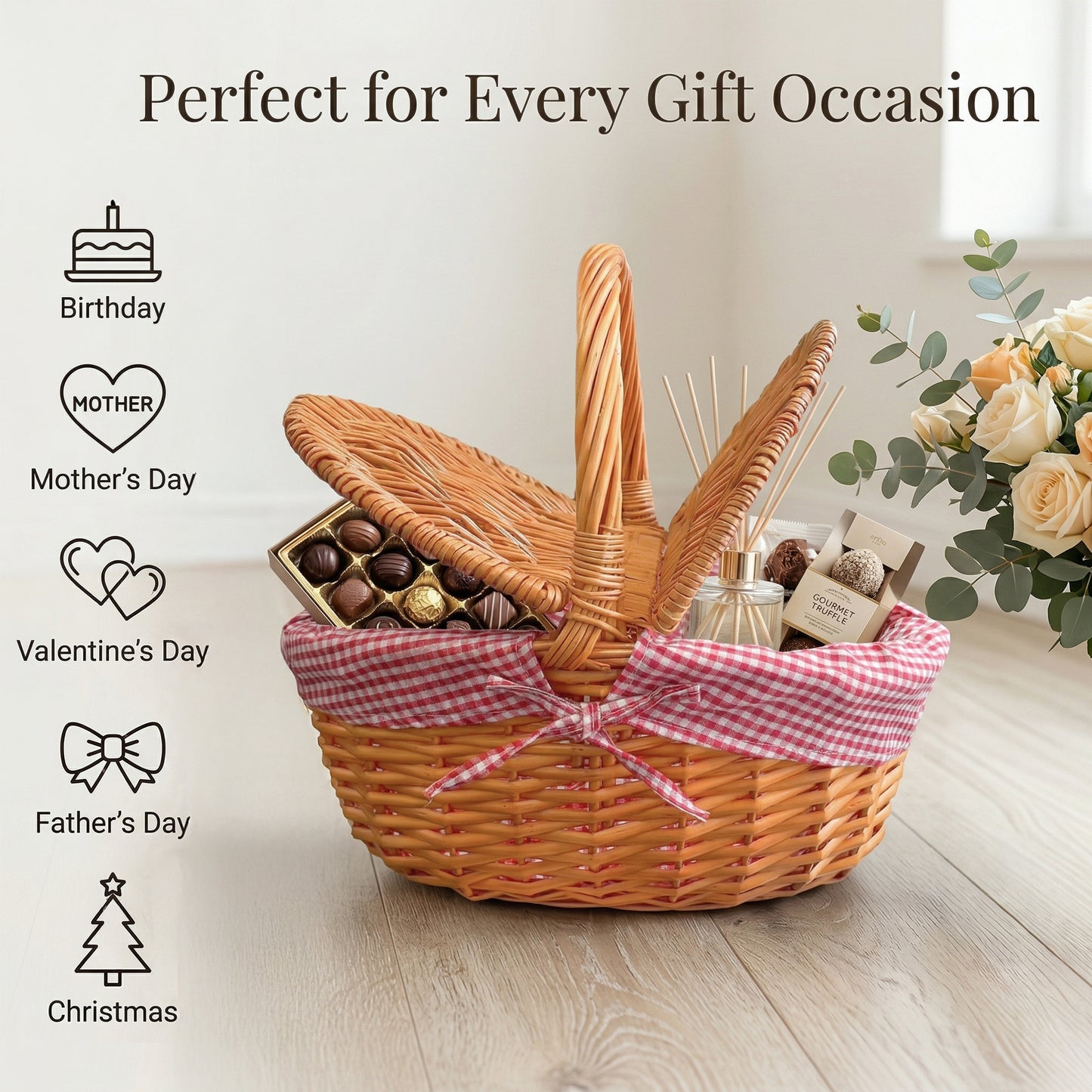 Oval Lidded Wicker Picnic Basket with Red & White Checked Lining