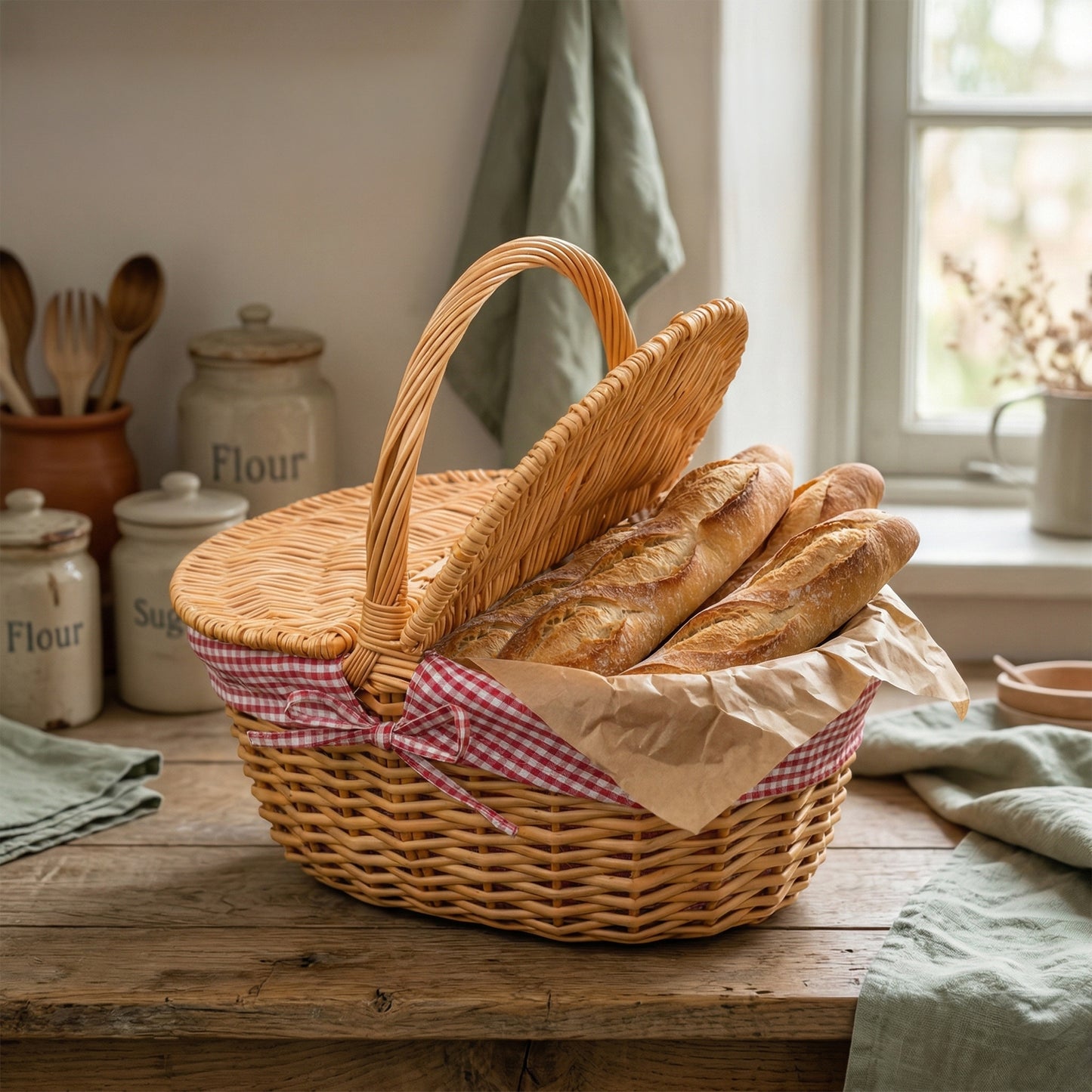Oval Lidded Wicker Picnic Basket with Red & White Checked Lining