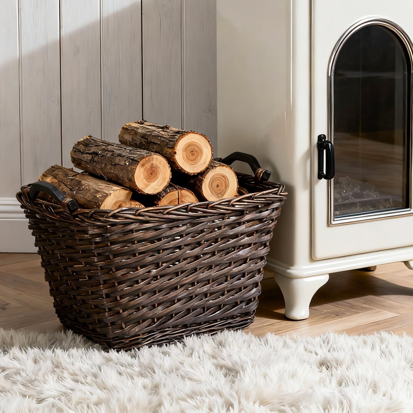 Rectangular Wicker Log Basket with Handle - Grey / Brown