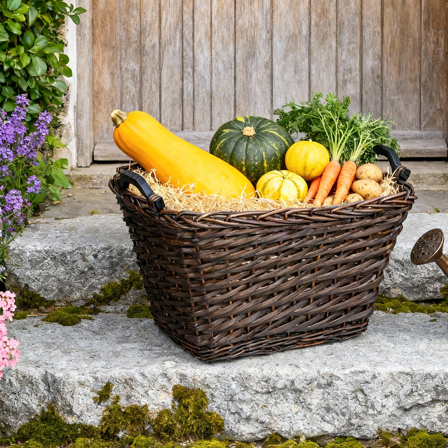 Rectangular Wicker Log Basket with Handle - Grey / Brown