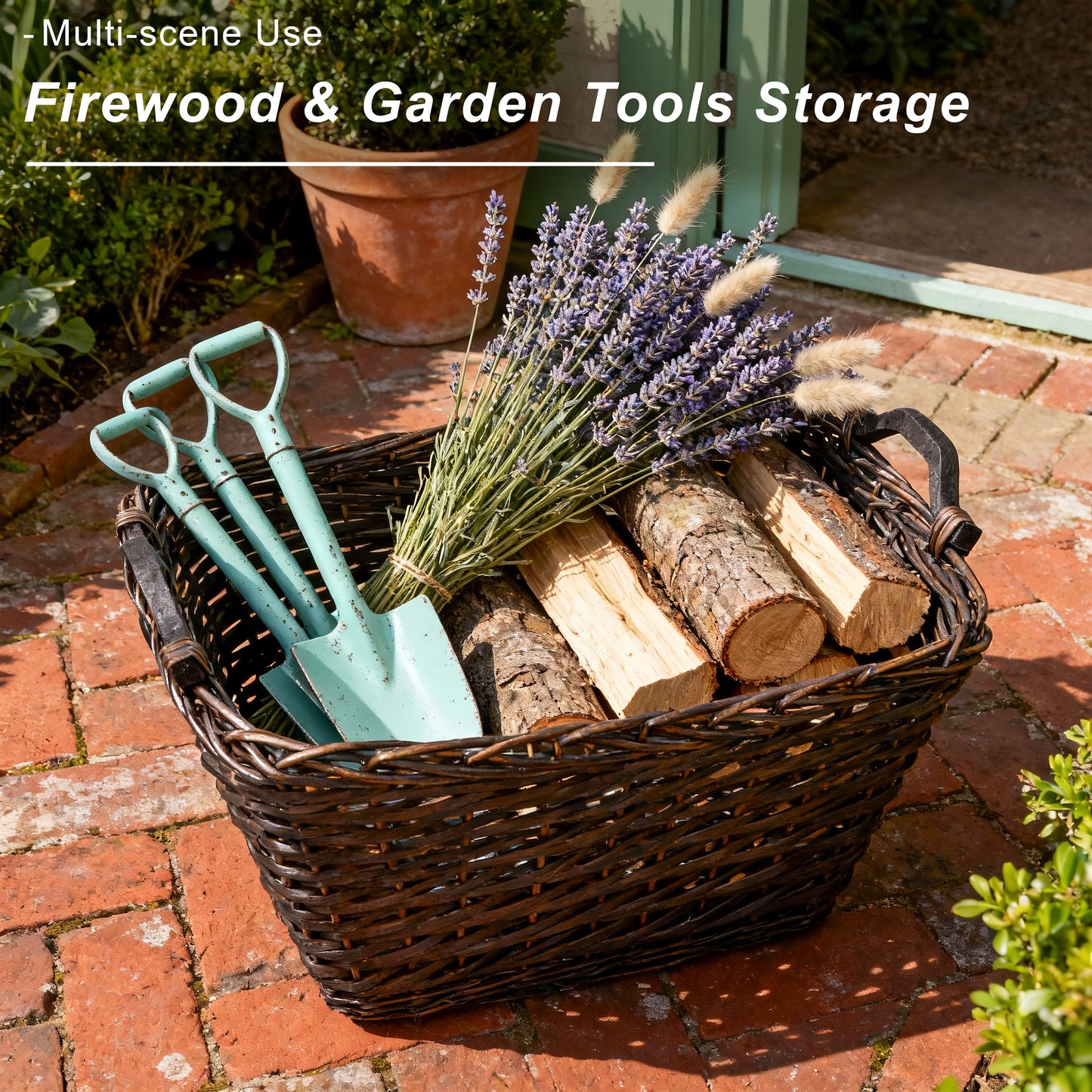 Rectangular Wicker Log Basket with Handle - Grey / Brown