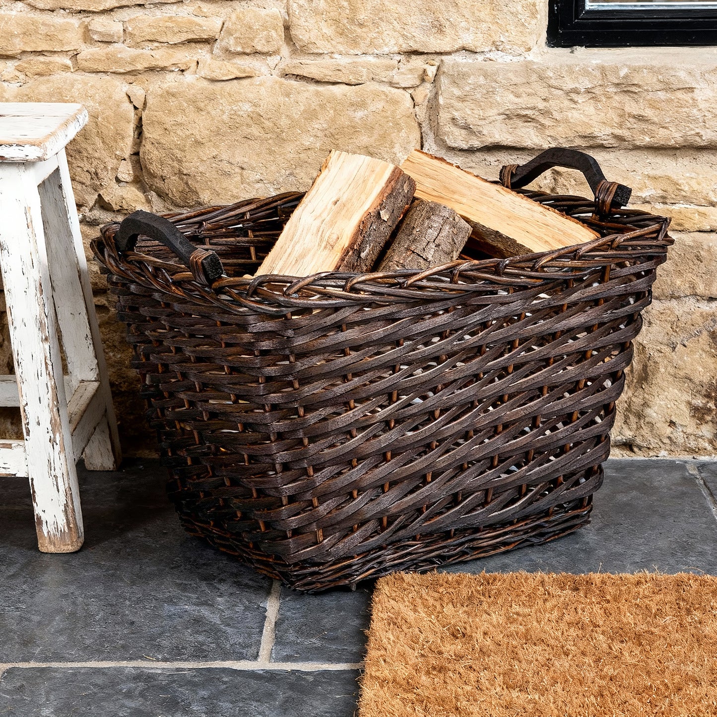 Rectangular Wicker Log Basket with Handle - Grey / Brown