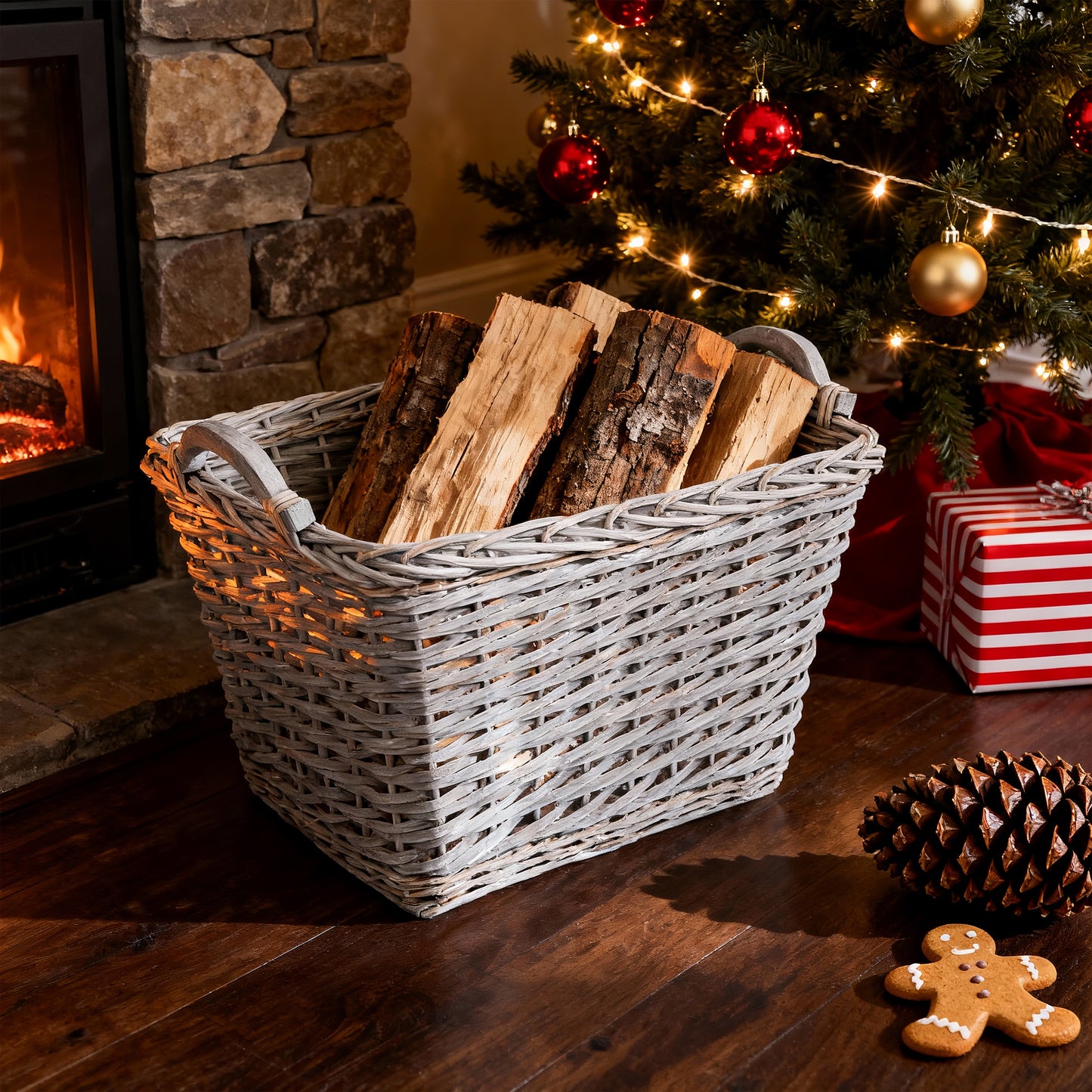 Rectangular Wicker Log Basket with Handle - Grey / Brown