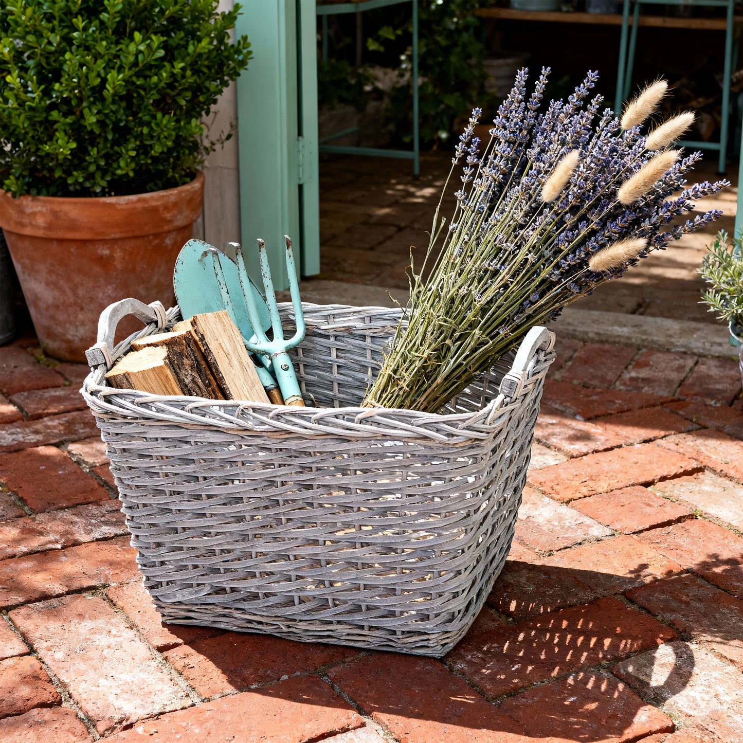 Rectangular Wicker Log Basket with Handle - Grey / Brown