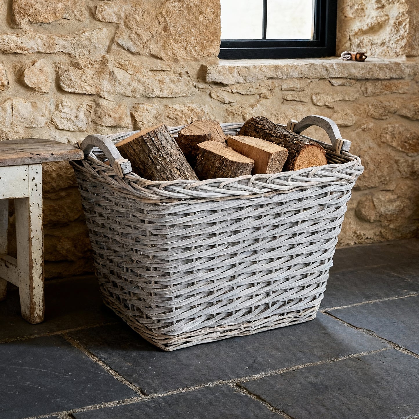 Rectangular Wicker Log Basket with Handle - Grey / Brown