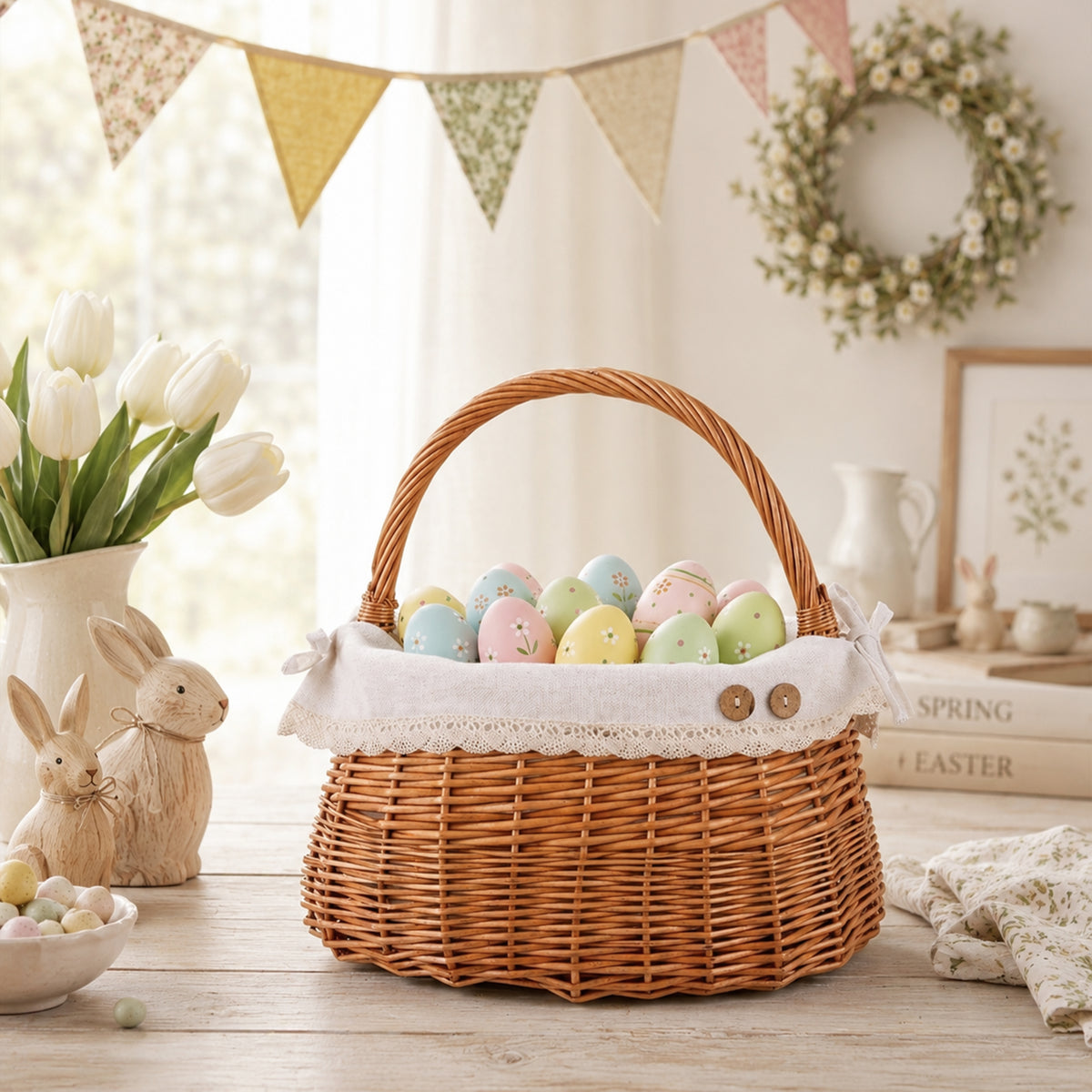 Light Steamed Coracle Wicker Shopper Basket with White Lace Lining