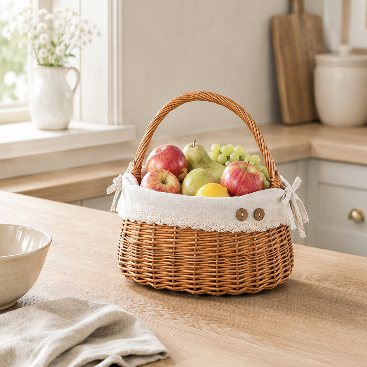 Light Steamed Coracle Wicker Shopper Basket with White Lace Lining