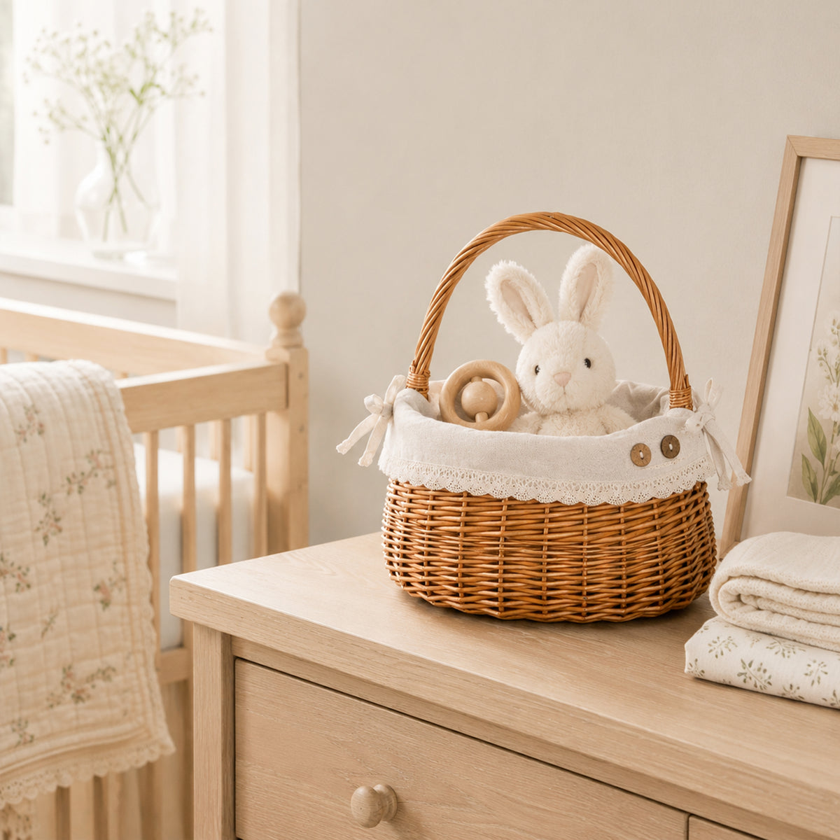 Light Steamed Coracle Wicker Shopper Basket with White Lace Lining