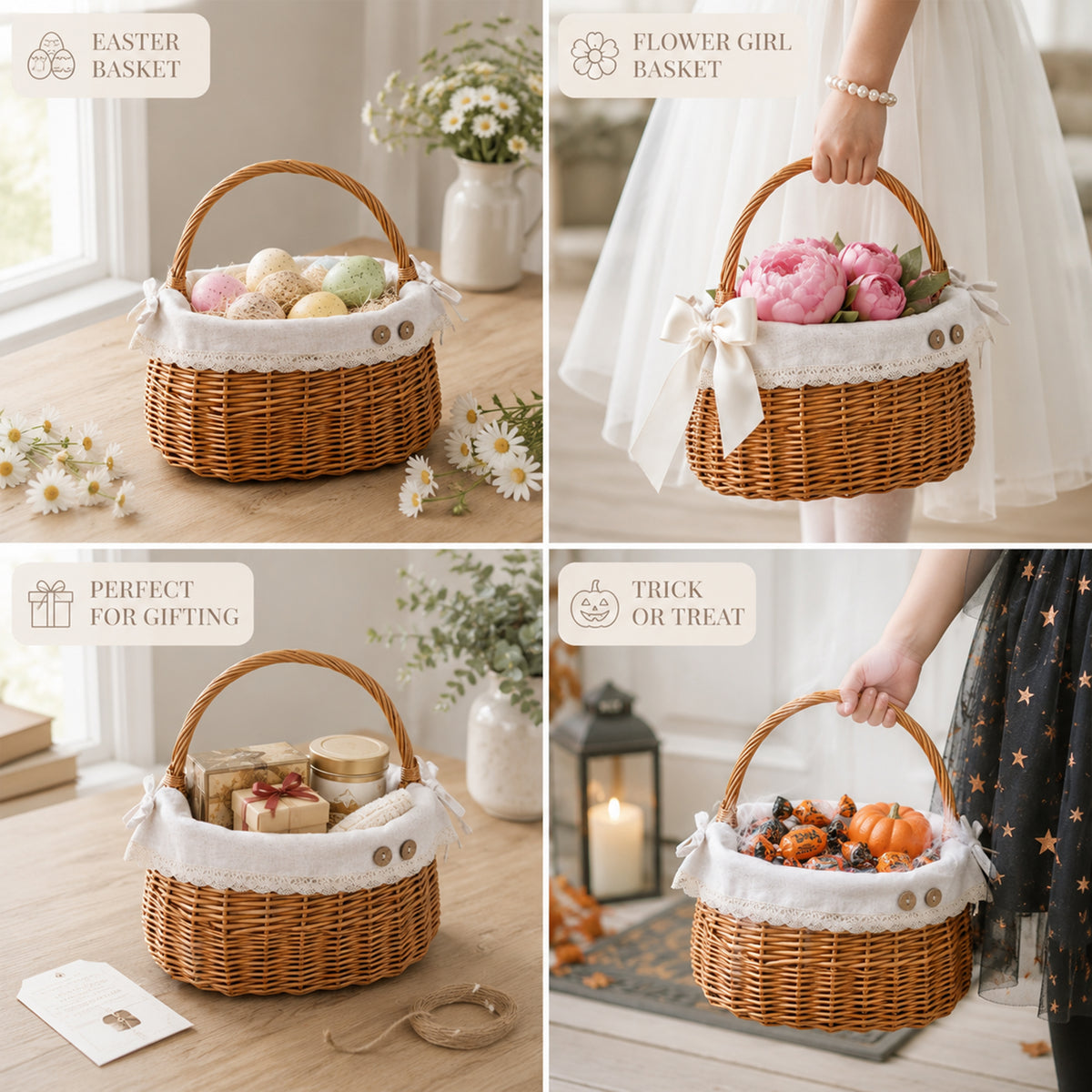 Light Steamed Coracle Wicker Shopper Basket with White Lace Lining