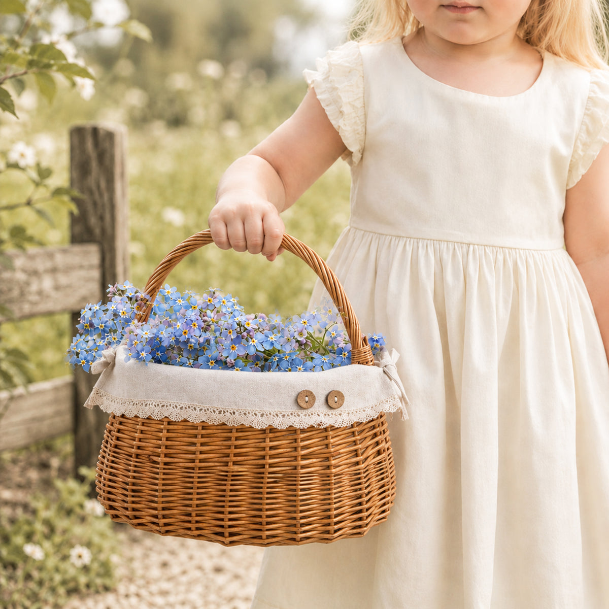 Light Steamed Coracle Wicker Shopper Basket with White Lace Lining